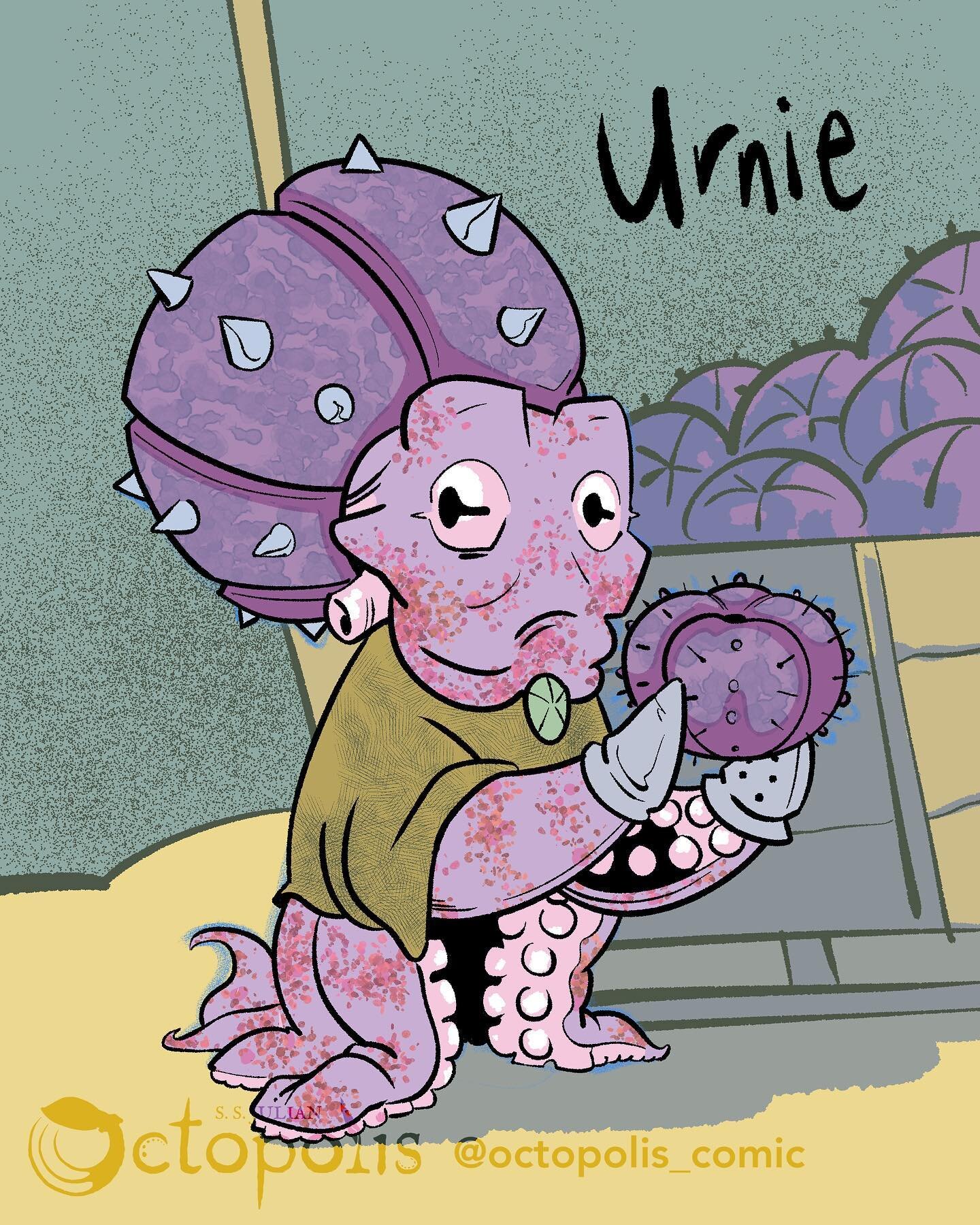Octopolis Profiles: Urnie the urchin merchant specializes in importing these spiny echinoderms  from her native coastline to Octopolis. They make delicious daytime snacks for a working octopus, and their spines have use as needles, writing nibs and m
