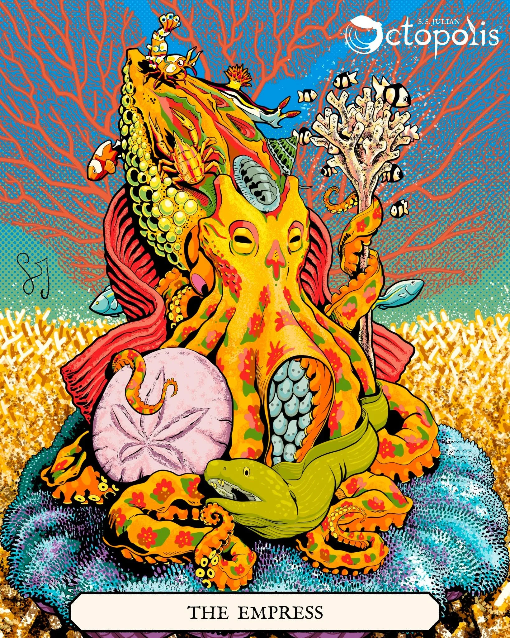 The Empress reclines within her throne of fan coral and corallimorph cushion. To one side she grasps a staghorn coral staff, and on the other a sand dollar shield. Within her web rest developing eggs. Around her is wrapped a domesticated moray eel. A