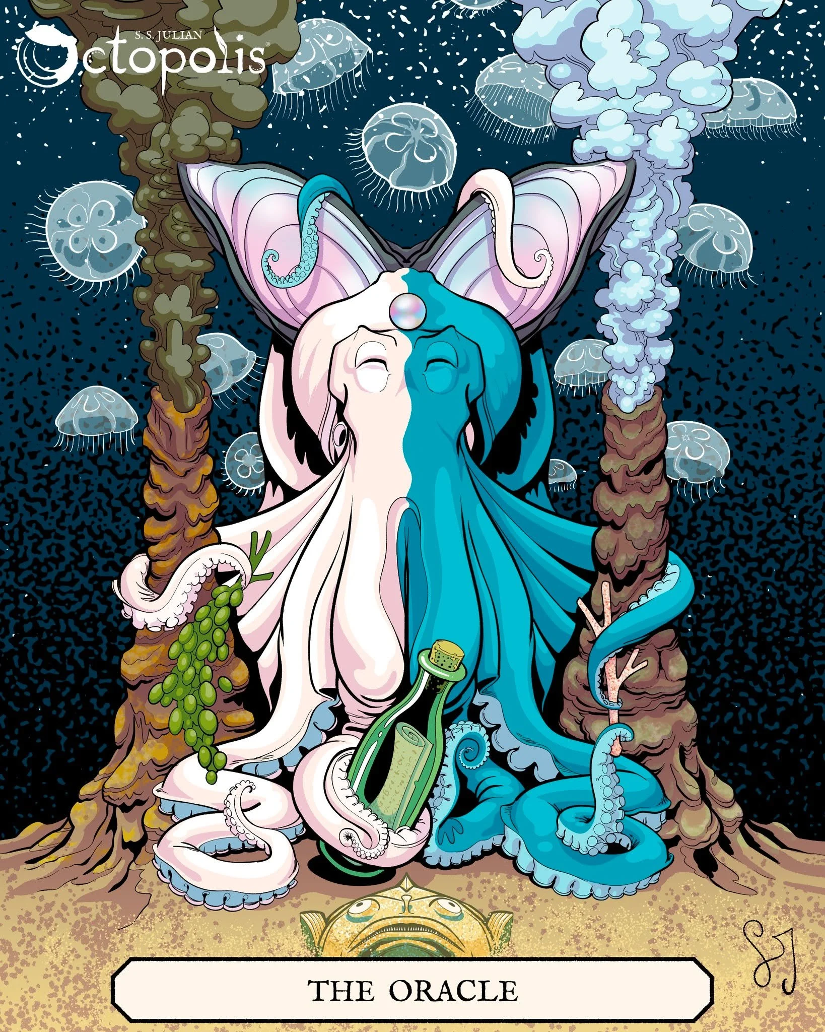 The Oracle sits on a throne made of an open oyster shell, holding articles of divination: coral, sea grapes, and an ancient scroll of sacred knowledge preserved in a corked bottle of glass. She is framed by two billowing columns of hydrothermal smoke