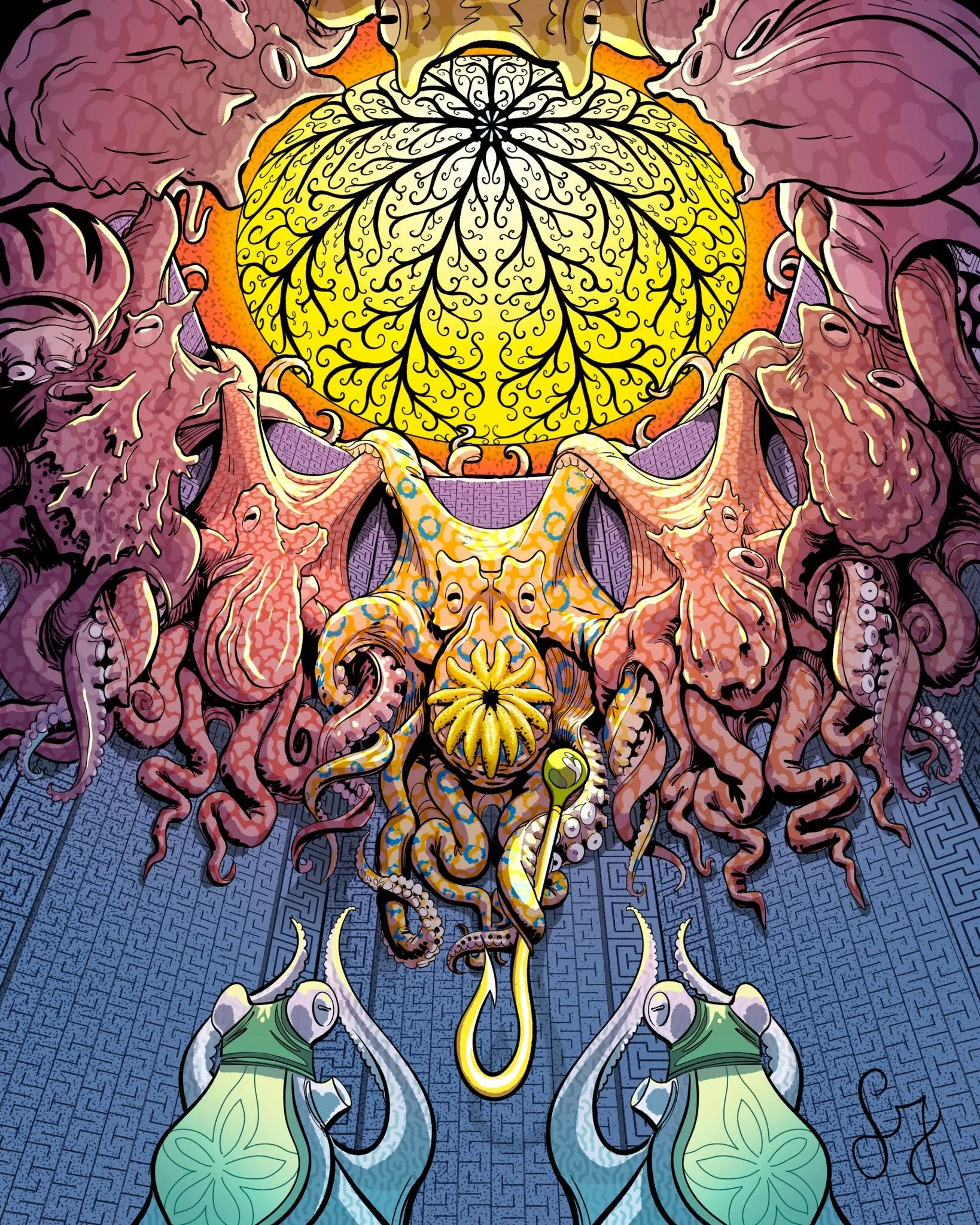 The Quidnunc looms imperiously over two deferential suppliants. The 64 arms of the eight pontifices interweave, forming a nonverbal network as they dispense their collective dogma upon their domain.  Patterns ripple across this ring of interlocked su