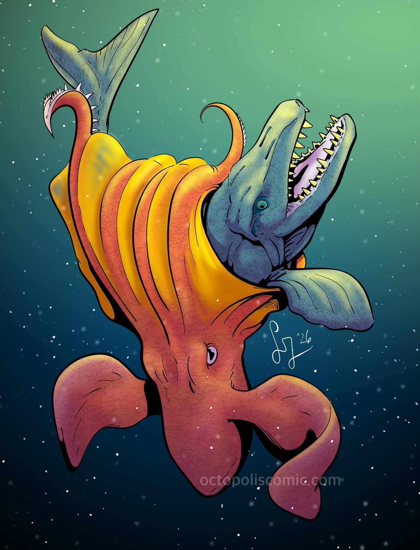 For those not in the know, a paper published yesterday in Science Magazine posited that this cretaceous cephalopod was an intelligent, active predator that grew up to 19 meters long&mdash; 2 meters longer than the mosasaur! 
There are a lot of reason