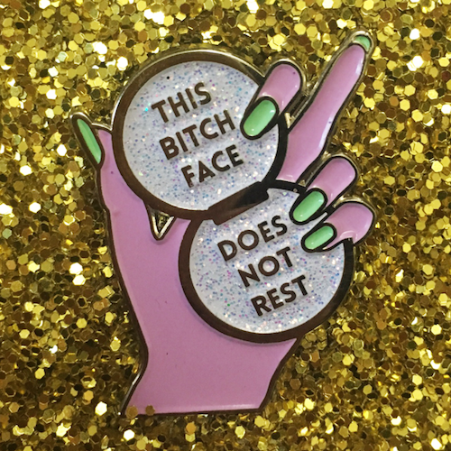 #002 PURPLE + SILVER BITCH FACE PIN $12 Retail | $6 Wholesale | 1.5" Tall