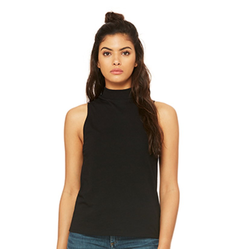 #034 BLACK OR WHITE MOCK TANK Features: Side-seamed. Retail fit. Mock neck. 52% Cotton 48 % Poly Jersey Sizes: S, M, L Retail: $36 Wholesale: $18 Minimum Order: 6