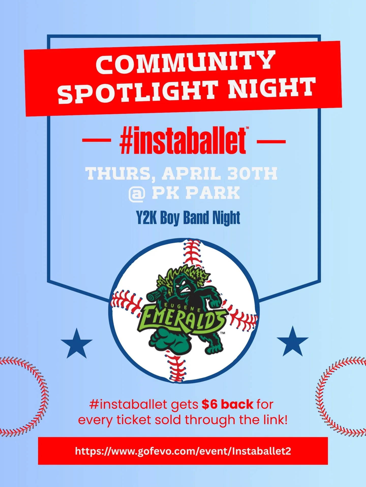 Join us THIS Thursday, 4/30, at the Eugene Emeralds game! With each $12 ticket you purchase through our special ticket link, $6 will directly contribute to supporting #instaballet&rsquo;s mission. Enjoy the game, have fun, and make a difference. See 