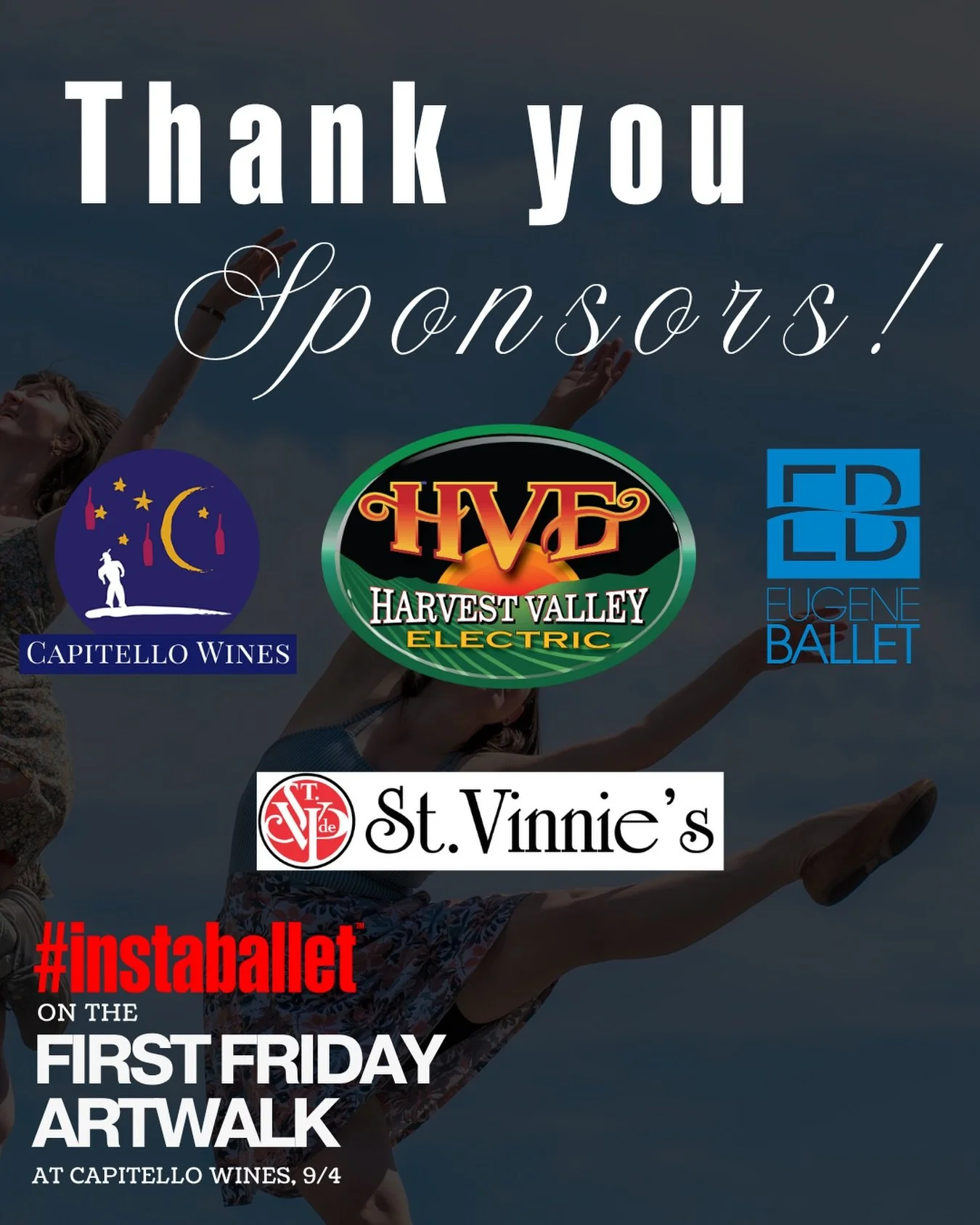 A huge thank you to the amazing community partners who helped make our last #instaballet of the season so special ❤️

✨ Harvest Valley Electric as the official event sponsor 
🩰 Eugene Ballet for providing the flooring
🎭 St. Vincent de Paul for the 