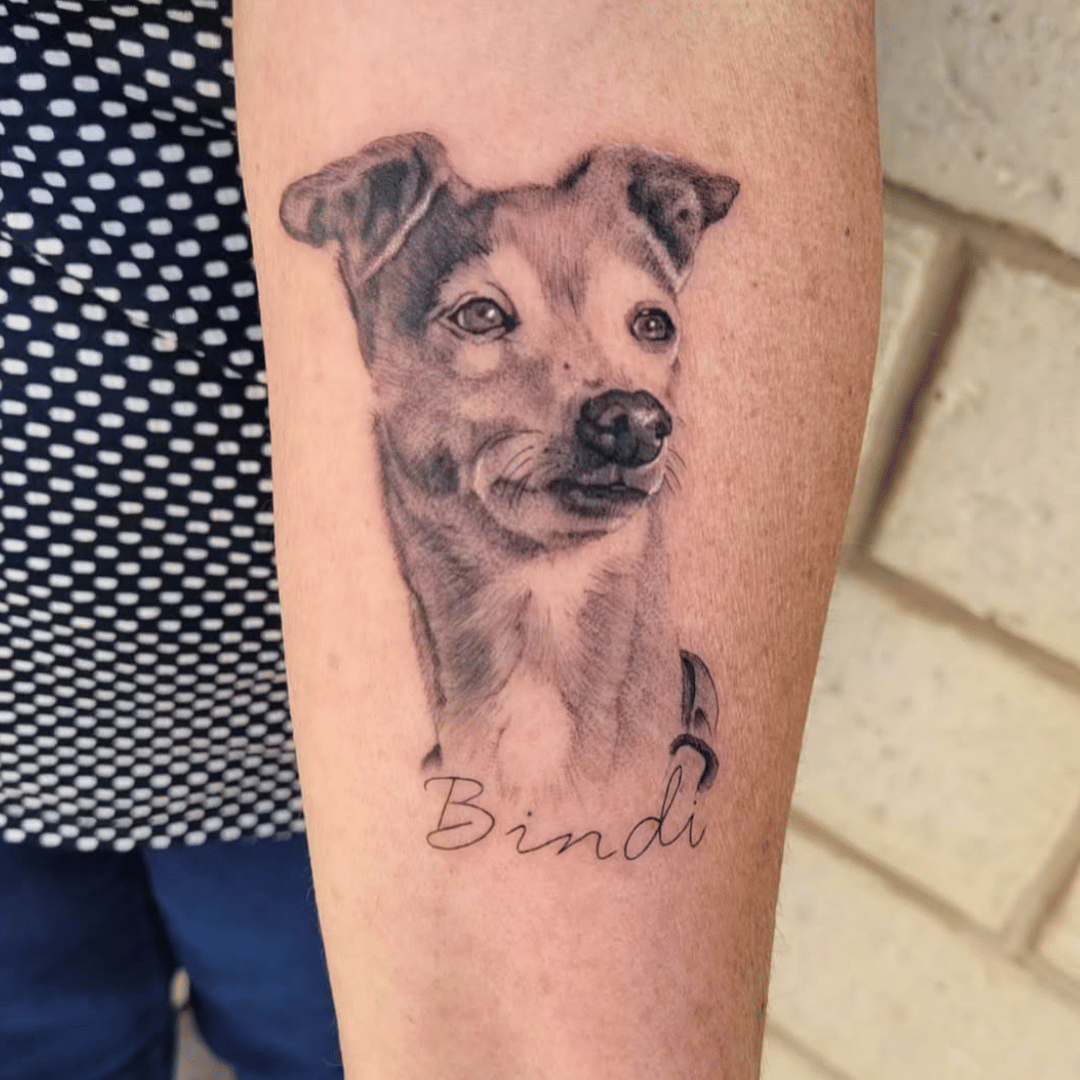 Fine-Line, grey pet portrait tattoo done by Sarah Ielasi