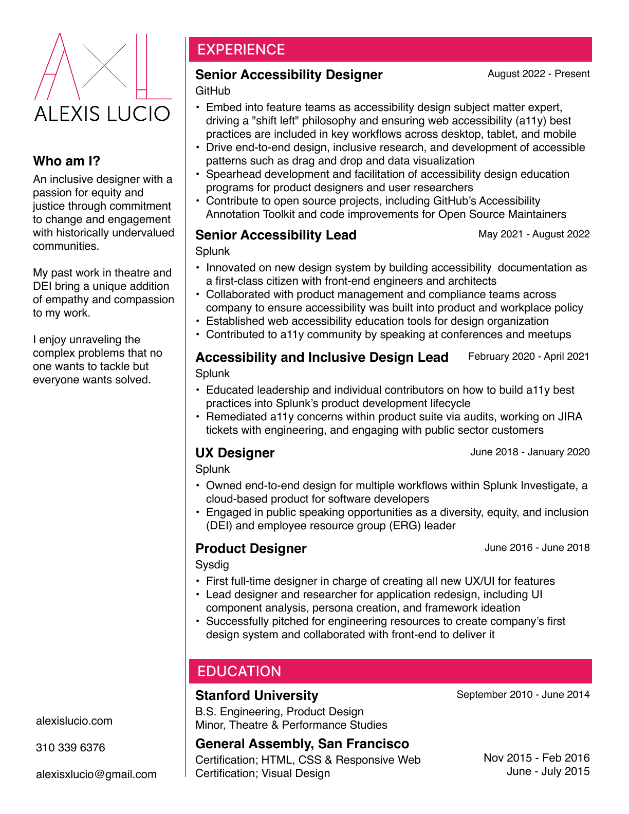 A screenshot of Alexis' resume. Download PDF for accessible file.