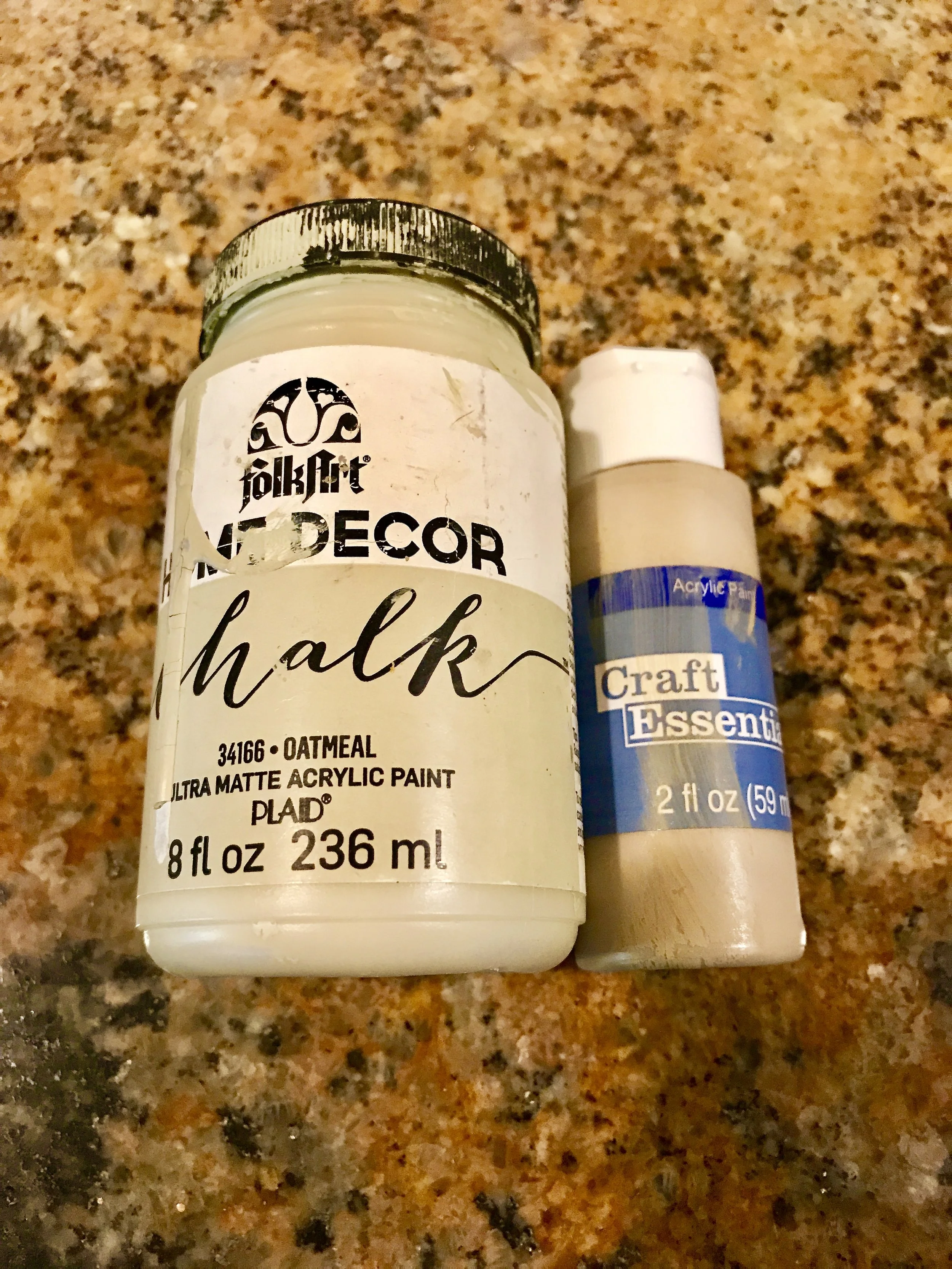 These are the shades I used in Step #2 - Oatmeal and yellow beige. The Oatmeal has a green cast to it. The walls of my closet are a gold-green hue. These shades mimic layers of paint found on many old pieces. 