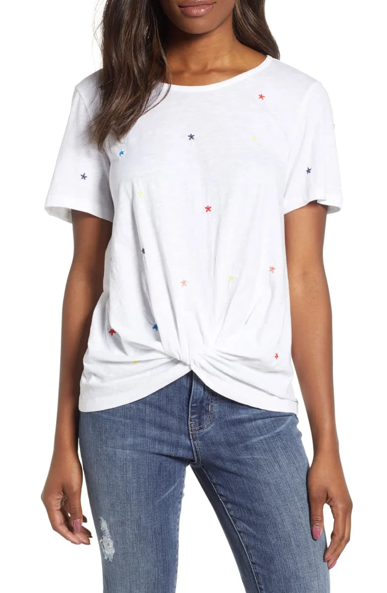 Caslon Embroidered Twist Front Top Usually goes for $49 now on sale at Nordstrom for $23.40. Budget friendly, similar to mine.