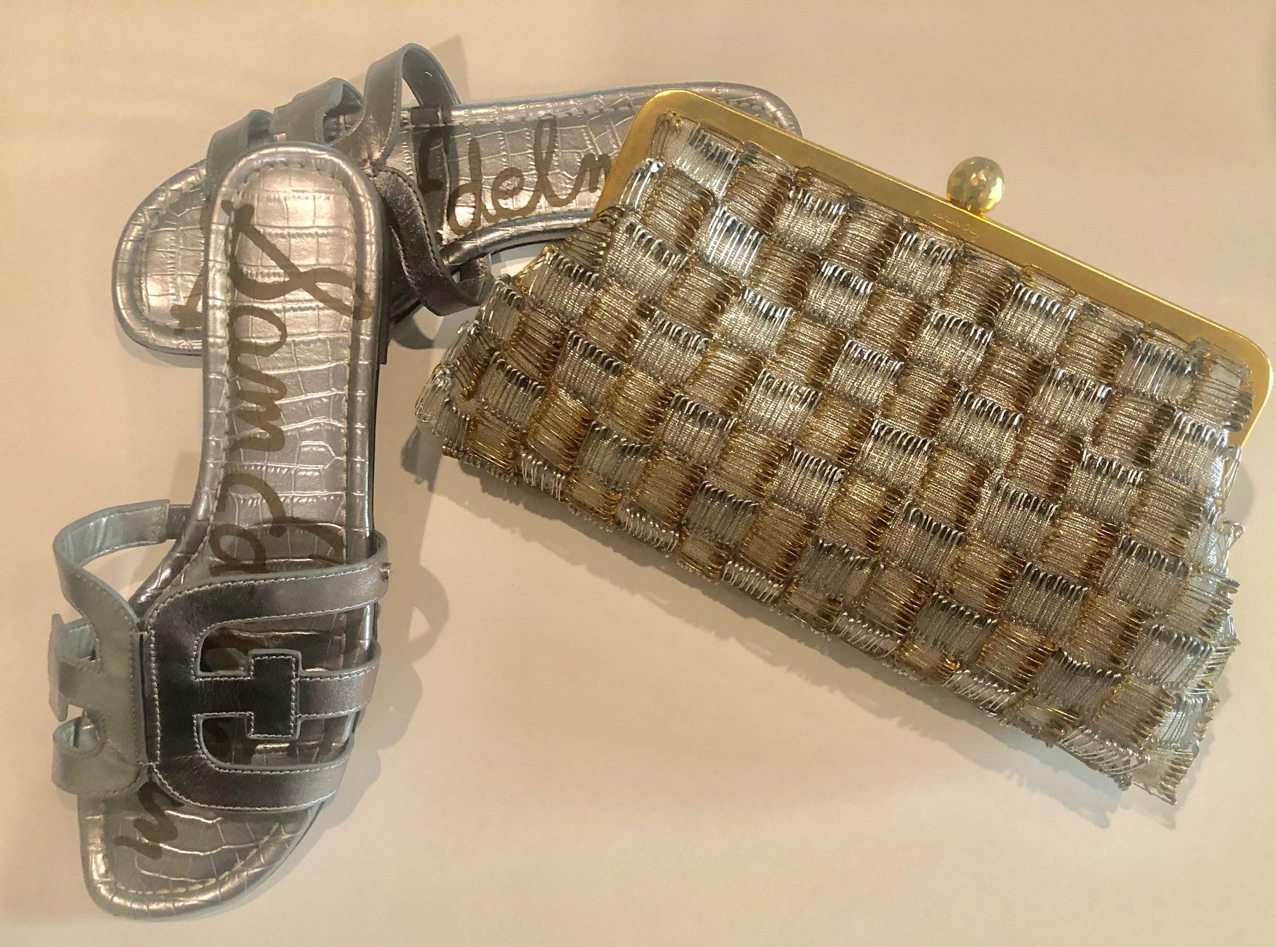 My Sam Edelman slides in silver. Also shown is my safety pin clutch by Sarahs Bag (this bag also owned by Amal Clooney) found HERE. Its a work of accessory art made of tiny gold and silver safety pins