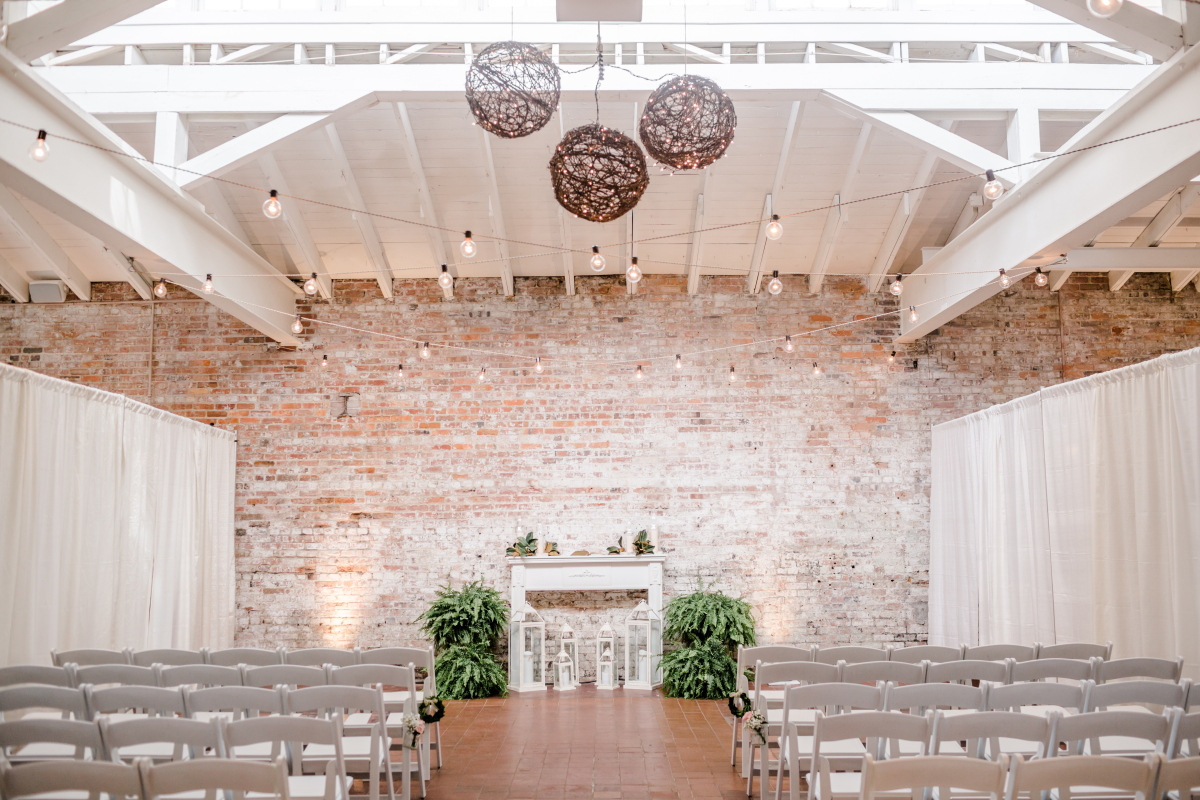 Meg & Rob's Indoor Wedding Ceremony at Bakery 105; Photo by Amy Allen