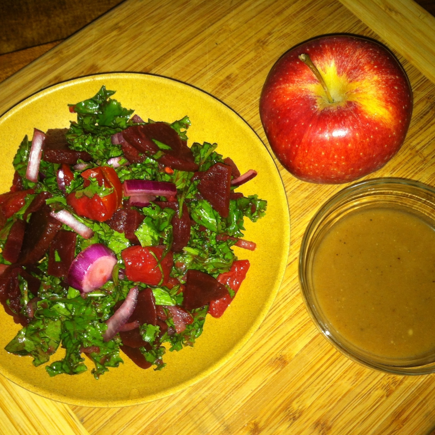 Dreena's healthful, no-oil "Magical"Applesauce Vinaigrette is sweet, bold and acidic. Perfect for dressing my kale, beets and mustard green salad.