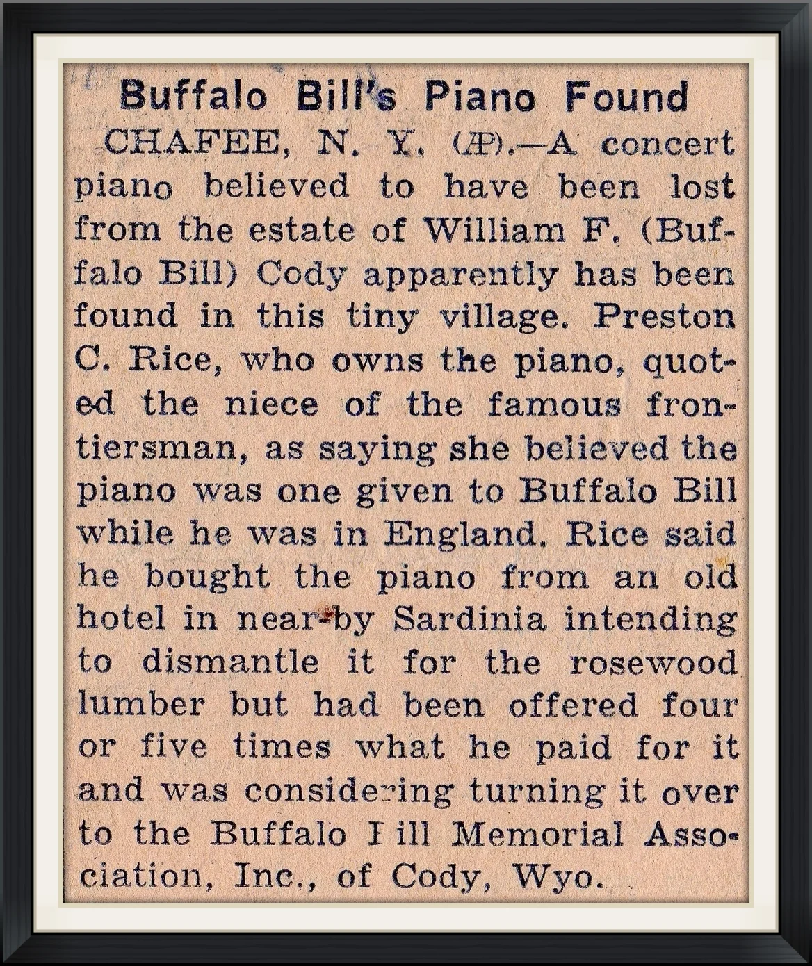1939 - Buffalo Bill's Piano Found - Newspaper, Article Clipping
