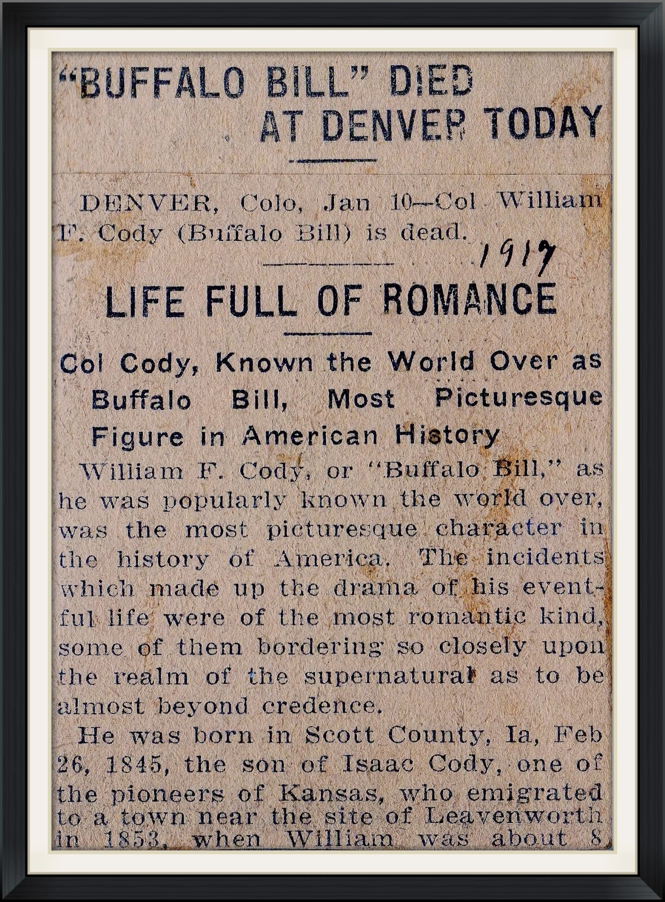 1917 - "Buffalo Bill" Died at Denver Today - Newspaper, Article Clipping