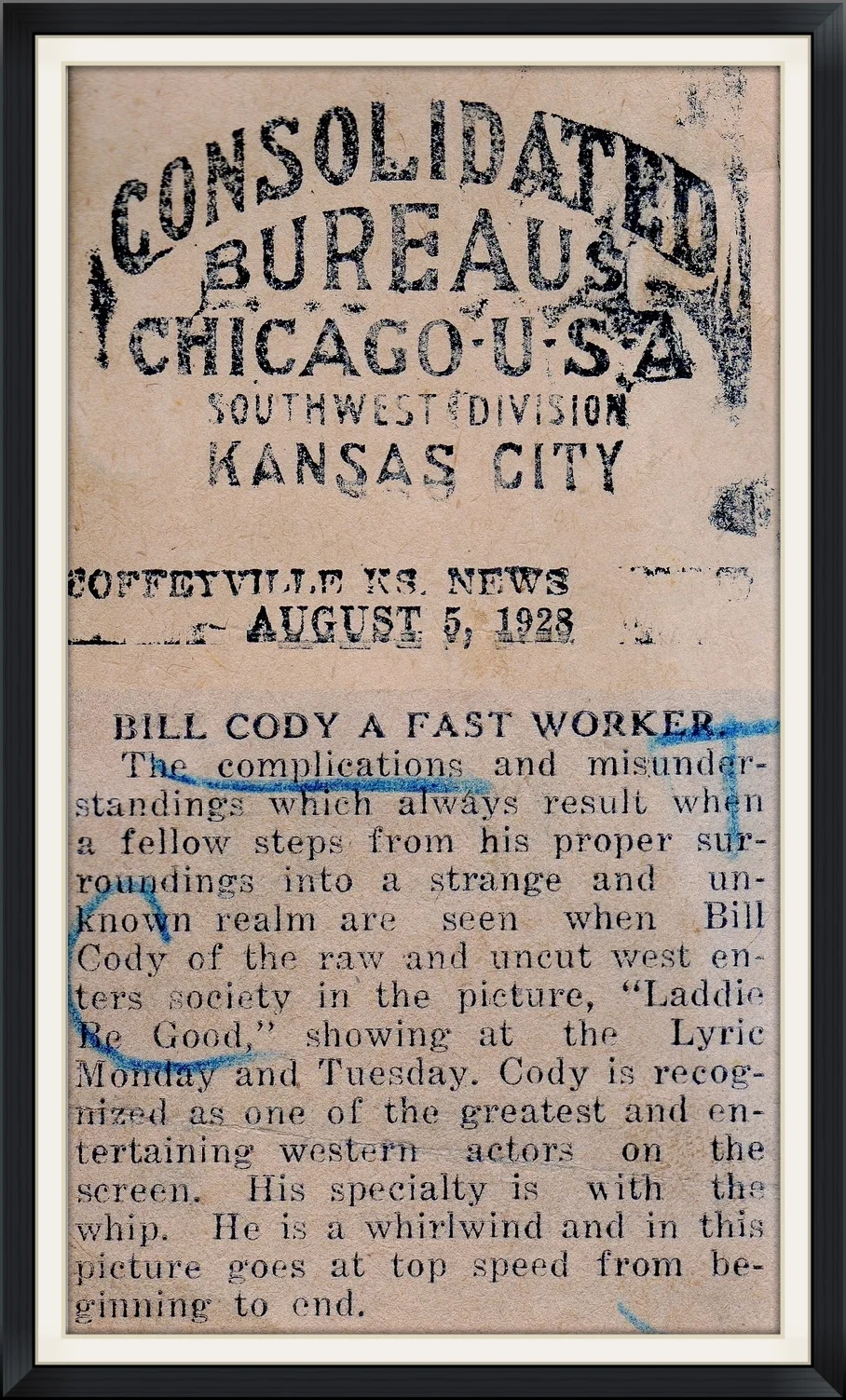 1928 - Bill Cody a Fast Worker - Consolidated Bureaus, SouthWest Division, Kansas City, Chicago, U.S.A - Newspaper, Article Clipping