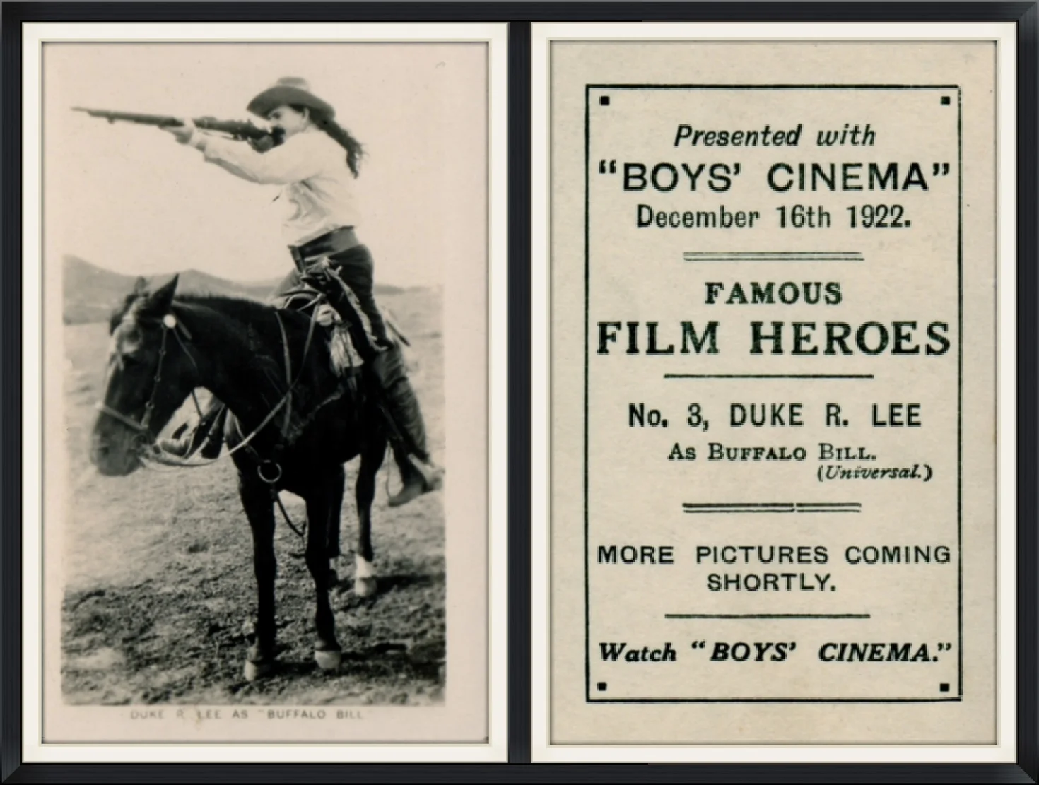 1922 - #3 - Duke R. Lee as Buffalo Bill - Famous Film Heroes - "Boys Cinema," Universal - Cinema, Collector, Trading Card