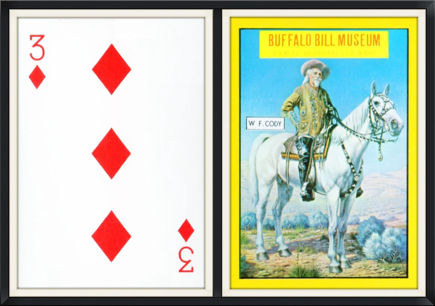 3 of Diamonds (Yellow) - Buffalo Bill Museum - Lookout Mountain, Colorado - W. F. Cody - Souvenir, Playing Card