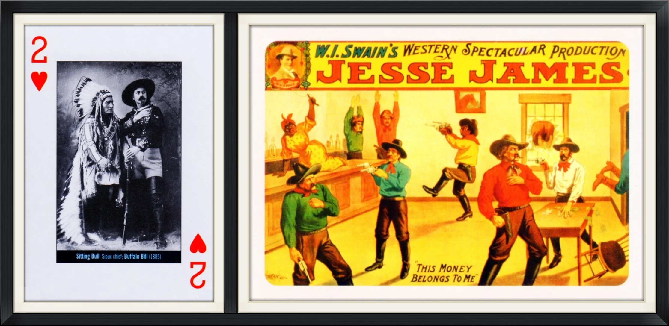 2 of Hearts - Sitting Bull (Sioux Chief) & Buffalo Bill (1885 Photo) - W.I. Swain's Spectacular Production, Jesse James - Commemorative, Playing Card
