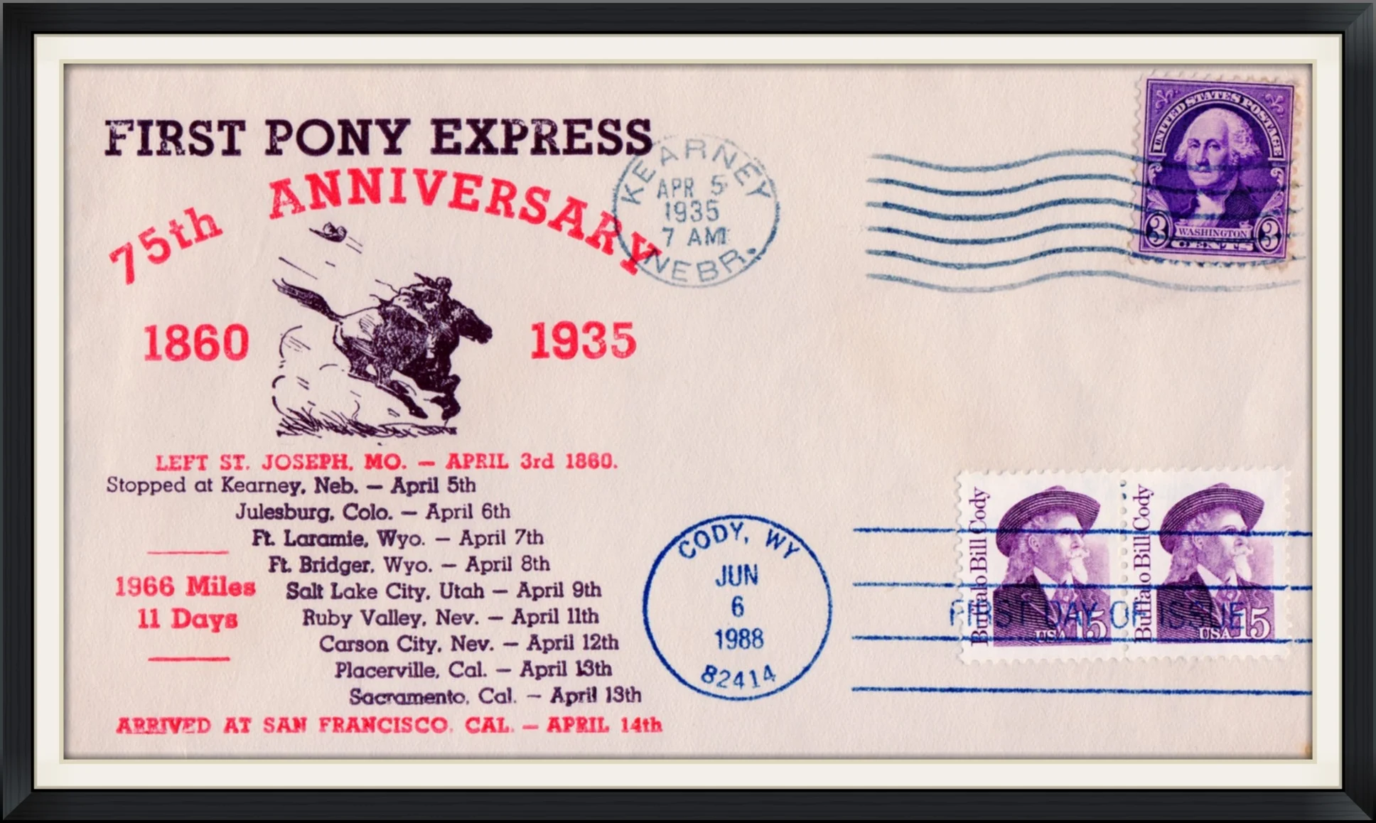 1935 (Postmarked in Kearney, Nebr. & 1988 in Cody, Wy.) - First Pony Express, 75th Anniversary (1860-1935) - Commemorative, First Day of Issue Envelope
