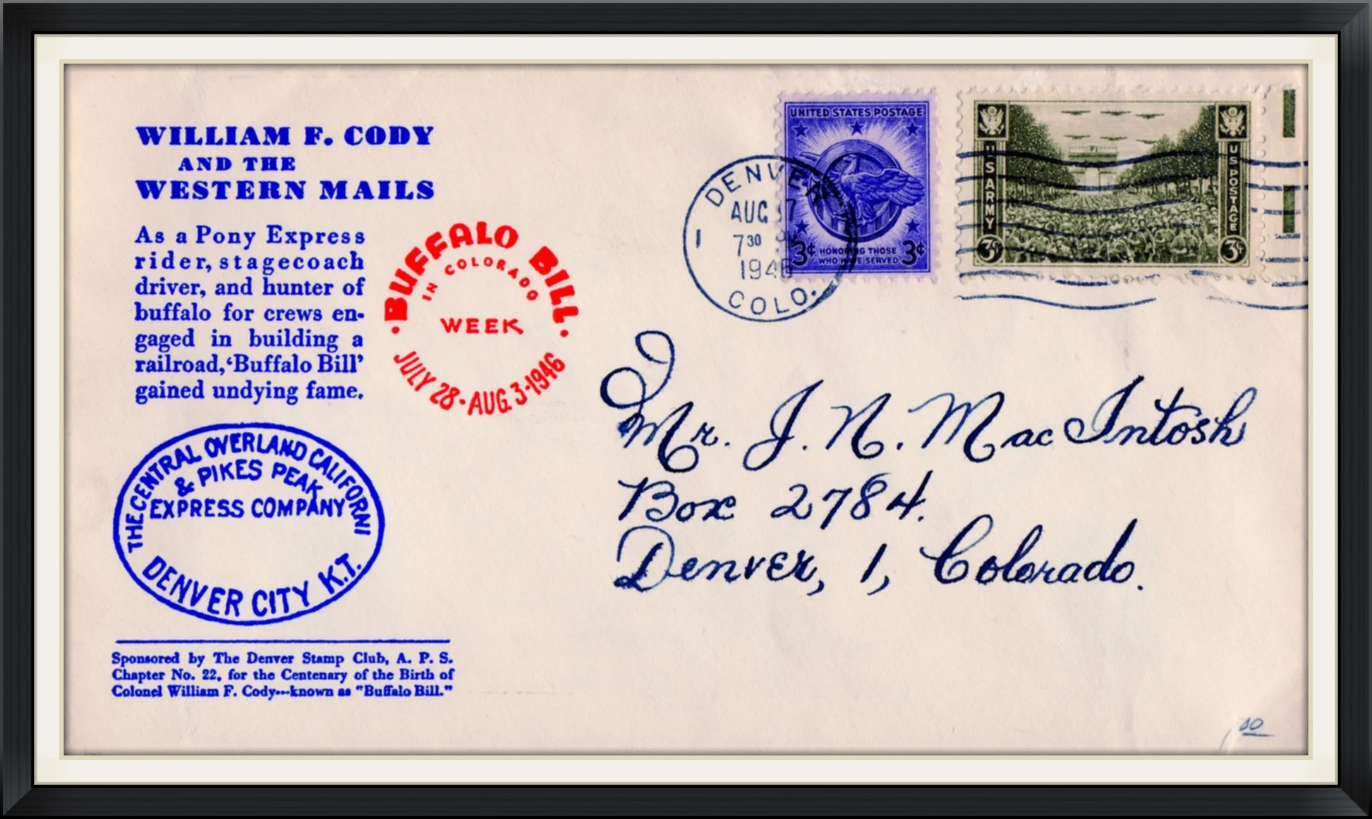 1946 (Postmarked in Denver, Colo.) - William F. Cody and the Western Mails - Buffalo Bill in Colorado Week - Commemorative, Event Envelope