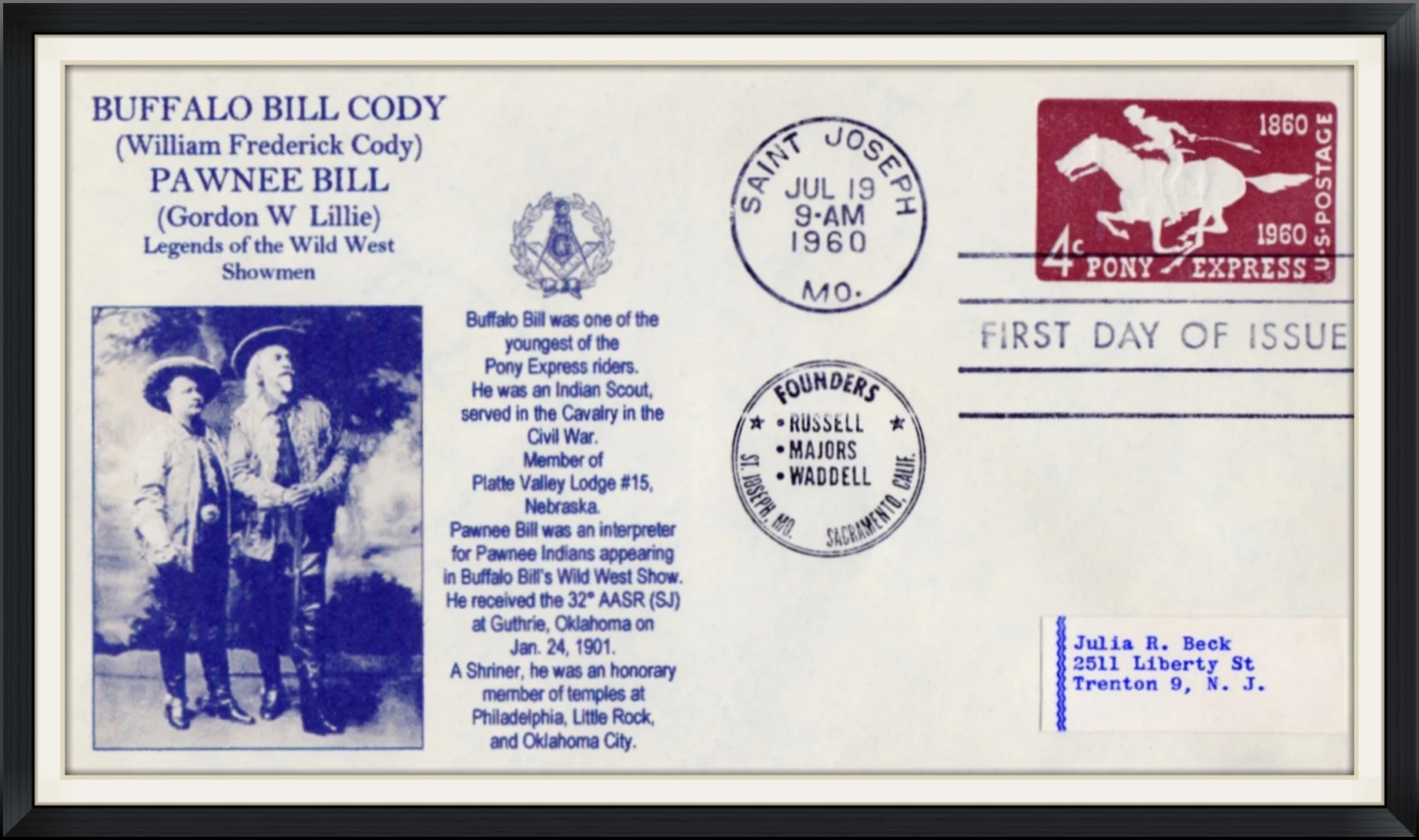 1960 (Postmarked in Saint Joseph, MO) - Buffalo Bill Cody & Pawnee Bill, Legends of the Wild West Showmen - Commemorative, First Day of Issue Envelope