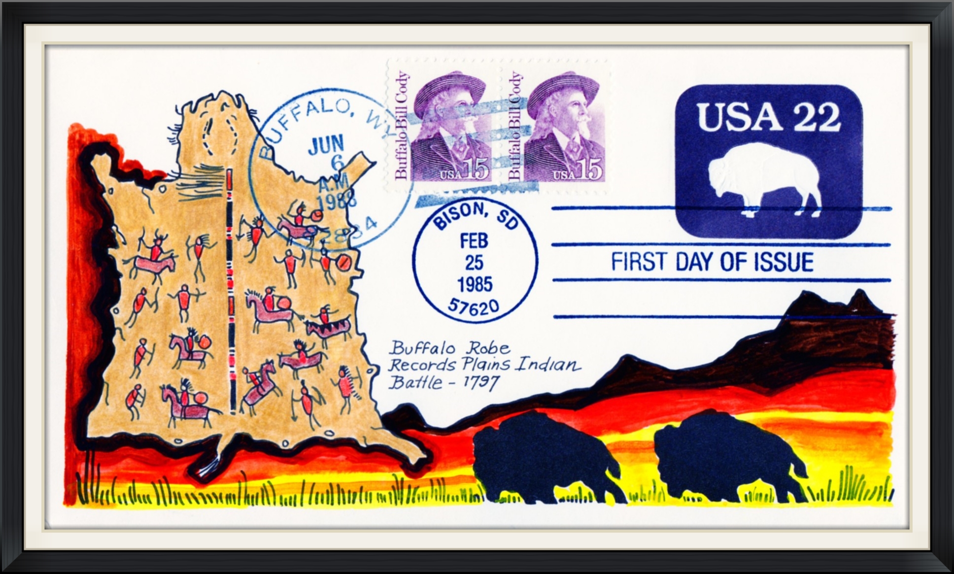1985 (Postmarked in Bison, SD & 1988 in Cody, WY) - #4/10 Ltd. Edition Cachet by Carol Gordon - First Day of Issue Envelope