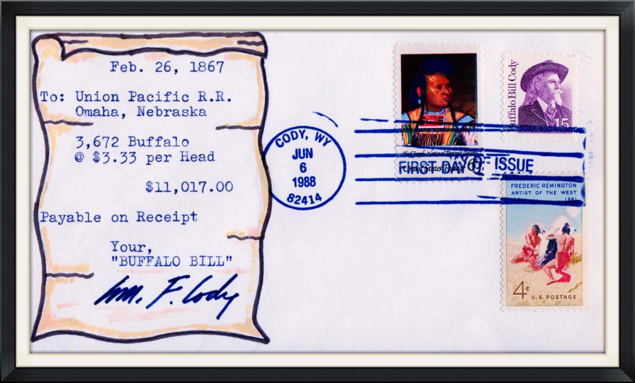 1988 (Postmarked in Cody, WY) - Custom Cachet by Wm. Roy Rice - First Day of Issue Envelope