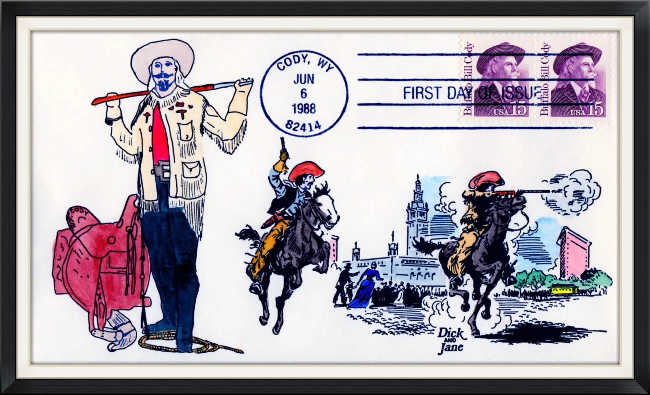 1988 (Postmarked in Cody, WY) - Ltd. Edition #100/105 Cachet by Dick and Jane - First Day of Issue Envelope