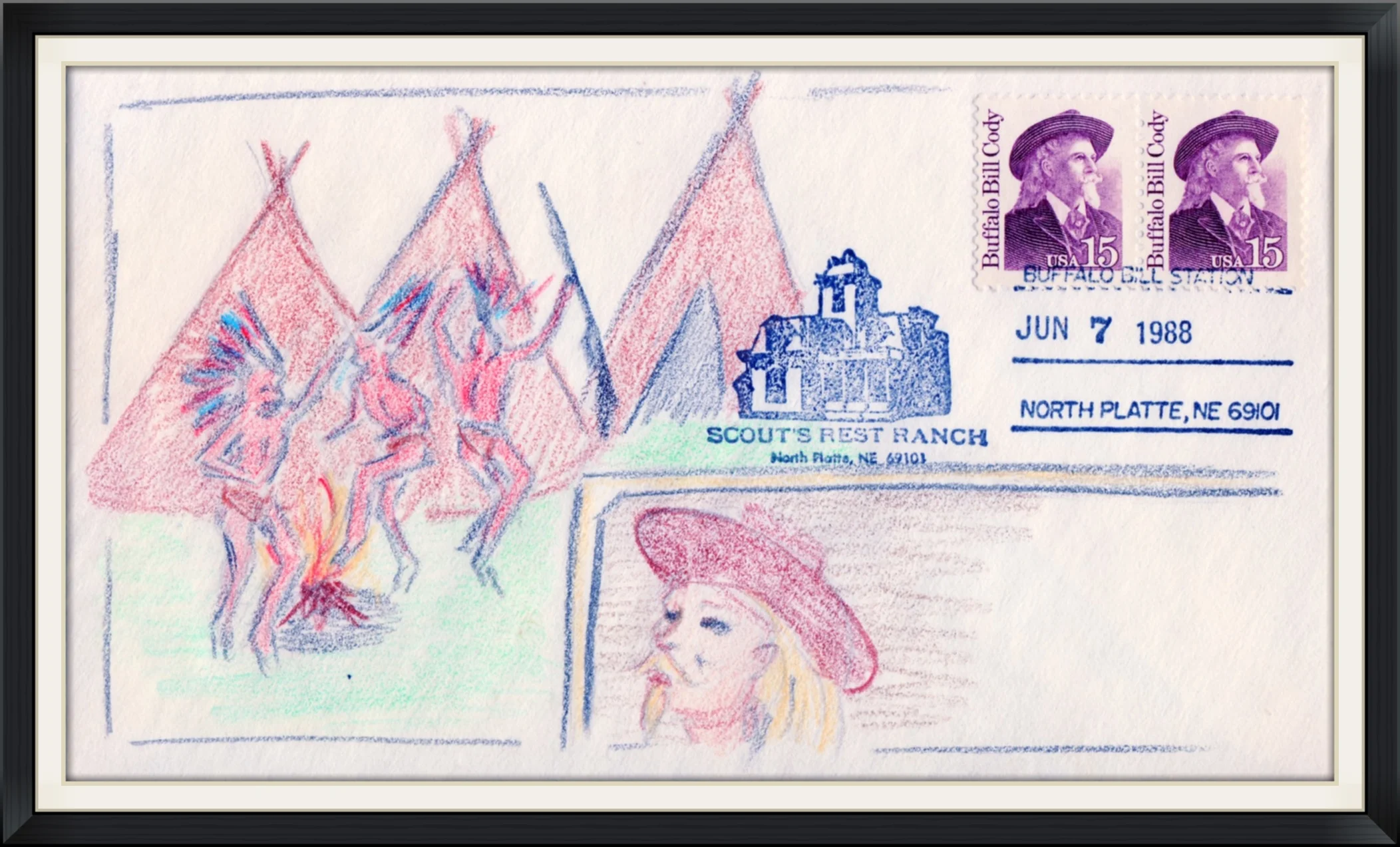 1988 (Postmarked in North Platte, NE) - Scout's Rest Ranch - Custom Cachet by Brad Sterling - First Day of Issue Envelope