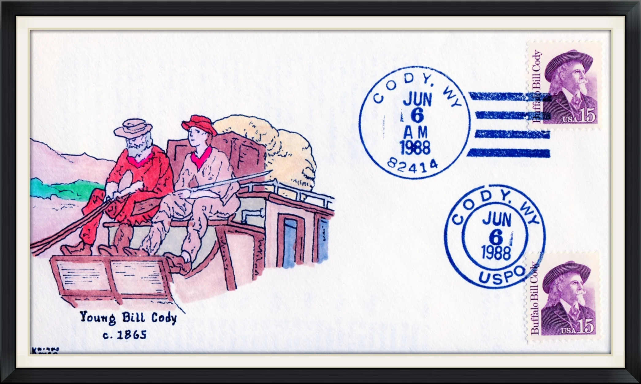 1988 (Postmarked in Cody, WY) - Young Bill Cody (c. 1865) - Ltd. Edition #3/39 Cachet by Kribbs' Kover, Jekyll Island, Georgia - First Day of Issue Envelope