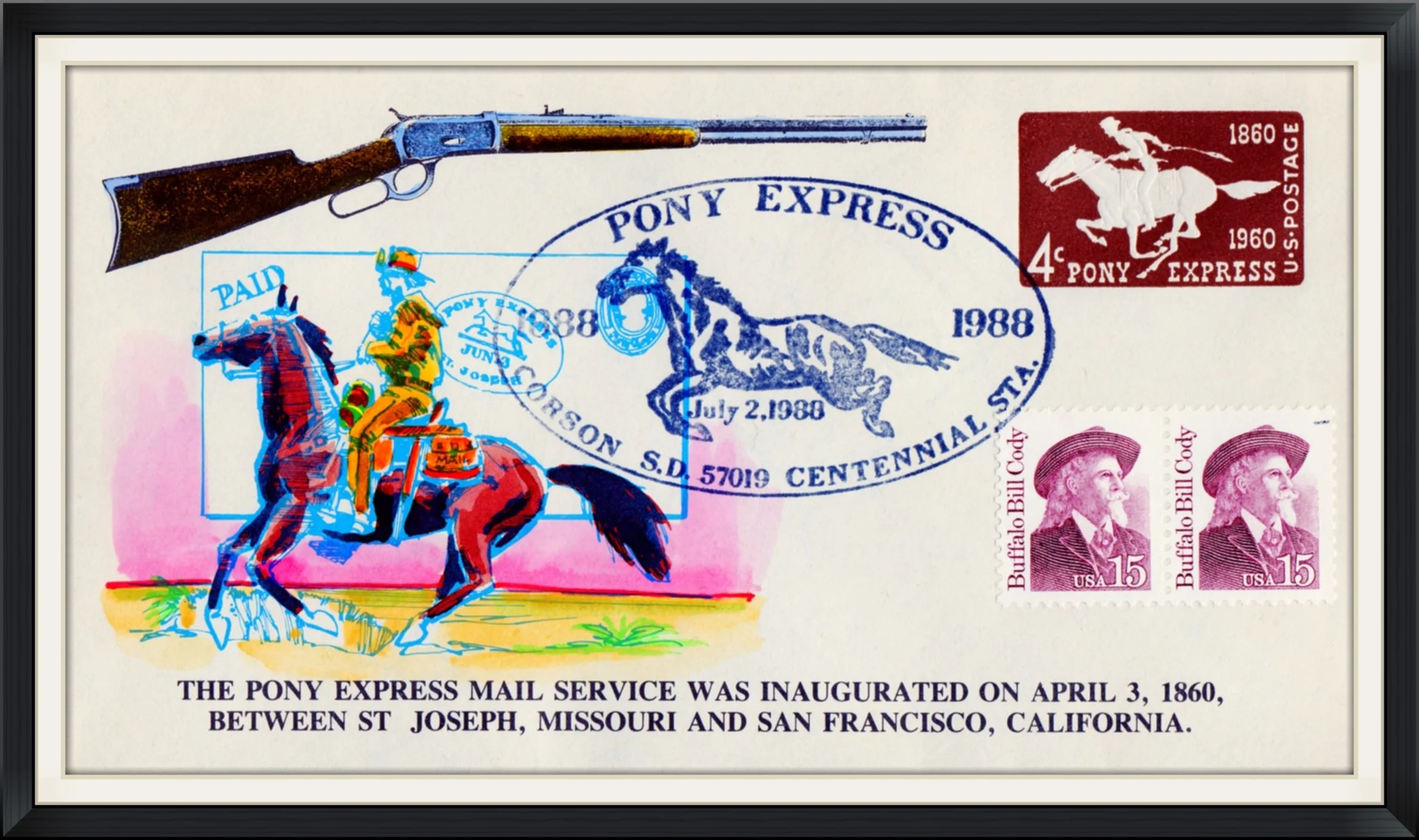 1988 (Postmarked at Pony Express in Corson, S. D., Centennial Sta.) - Ltd. Edition #23/30 Cachet by K. M. C. Venture - First Day of Issue Cover/Envelope