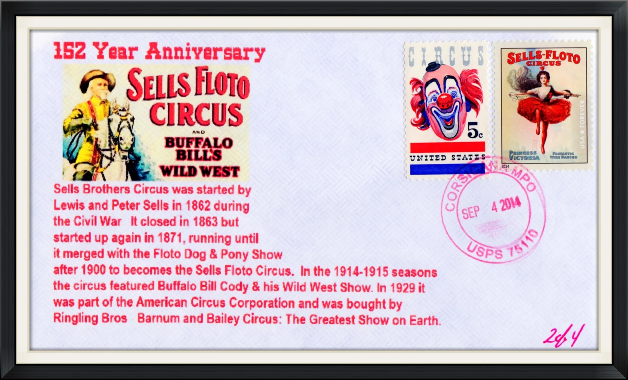 2014 (Postmarked in Corsicana, MPO) - 152 Year Anniversary of Sells Floto Circus and Buffalo Bill's Wild West - Ltd. Edition #2/4 Cachet by Danny Lee - Commemorative Cover/Envelope