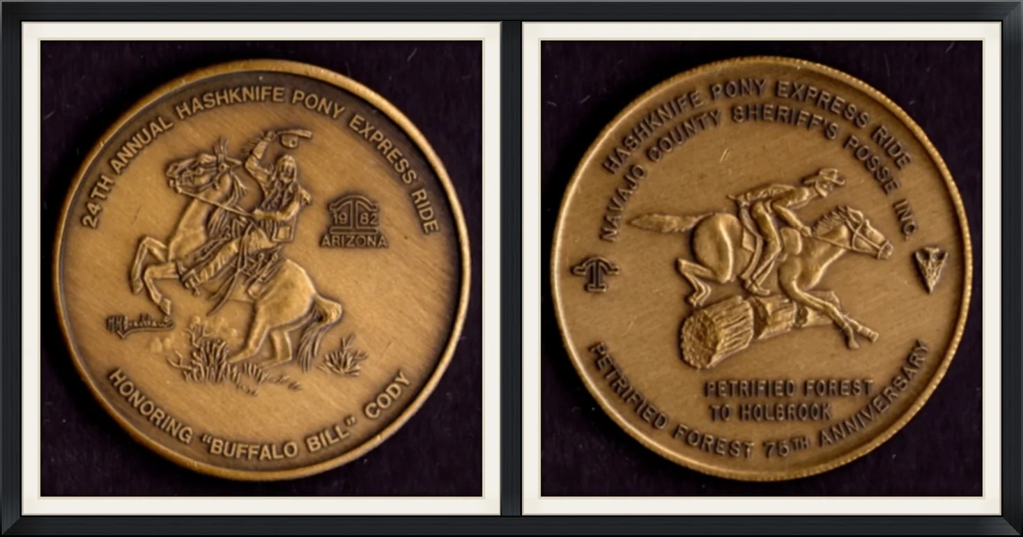 1982 - 24th Annual Hashknife Pony Express Ride - Honoring "Buffalo Bill" Cody - Retrified Forest 75th Anniversary - Commemorative, Metal Round/Medallion