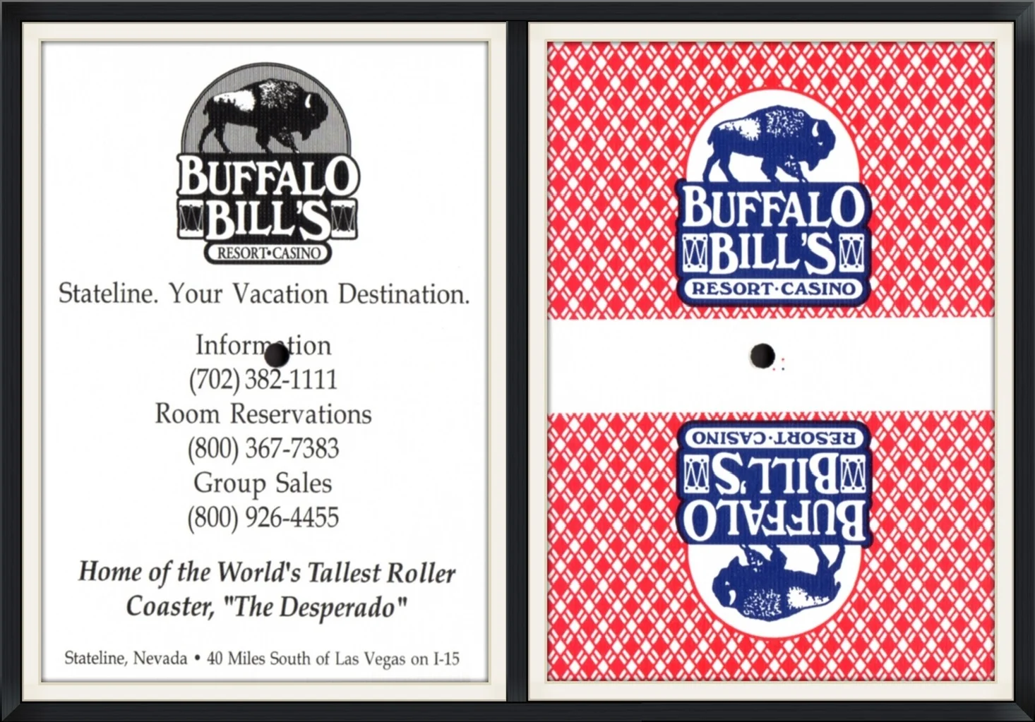 Info (Red) - Buffalo Bill's Resort & Casino - Home of the World's Tallest Roller Coaster, "The Desperado" - Stateline/Primm, Nevada - Used (Hole Punched), Commemorative, Playing Card