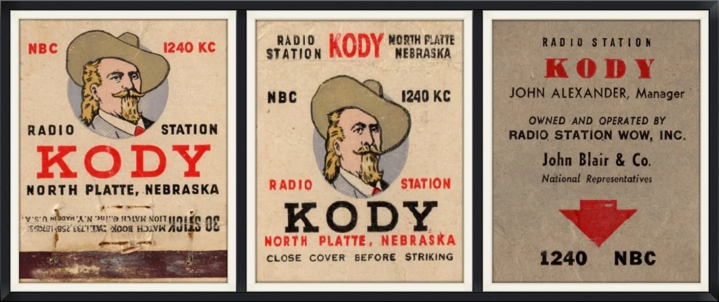 KODY Radio Station, North Platte, Nebraska - NBC 1240 KC - Owned and Operated by Radio Station WOW, Inc. - John Blair & Co. National Representatives - John Alexander, Mangager - Souvenir Matchbook