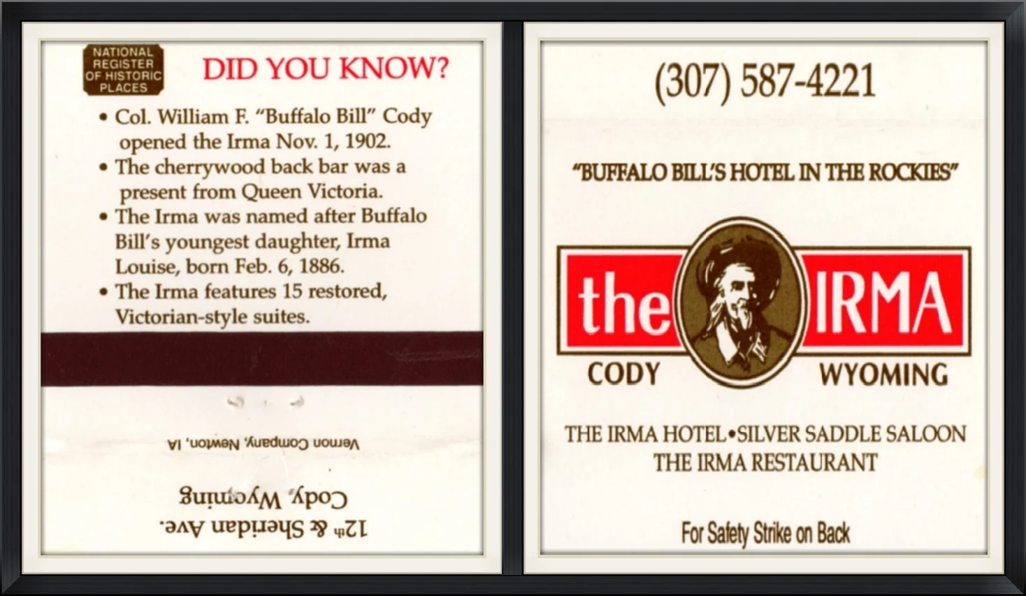The Irma Hotel, Silver Saddle Saloon & Restaurant, Cody, Wyoming - "Buffalo Bill's Hotel in the Rockies" - Souvenir Matchbook