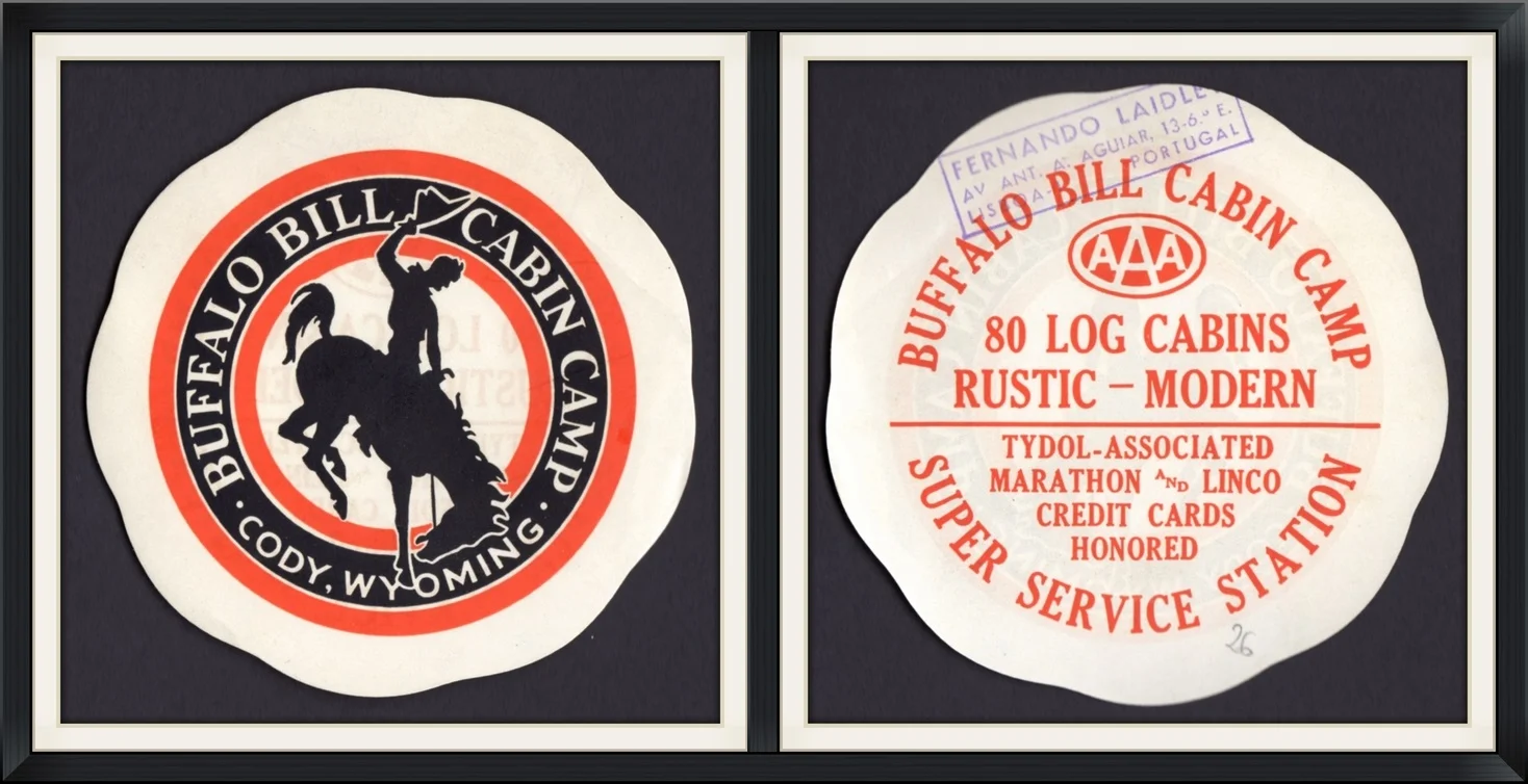 Buffalo Bill Cabin Camp (AAA), 80 Log Cabins Rustic-Modern & Super Service Station (Tydol-Associated & Marathon and Linco Credit Cards Honored - Cody, Wyoming - Travel, Souvenir Decal/Sticker