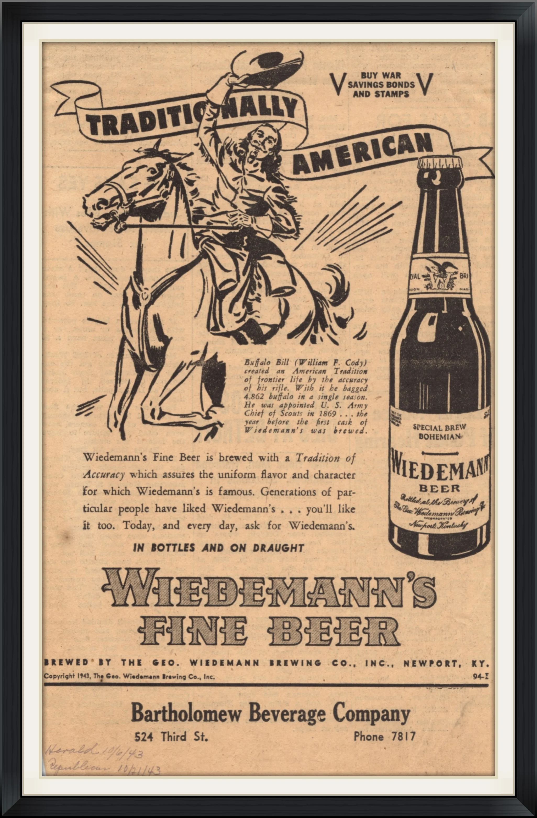 1943 - Wiedemann's Fine Beer - Traditionally American - Bartholomew Beverage Company - Endorsement, Advertisement Clipping