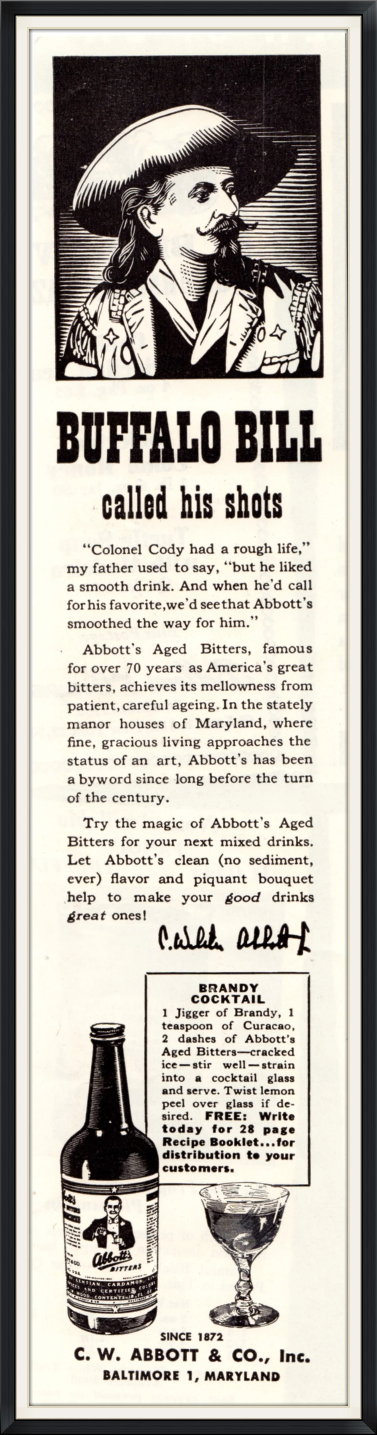 Buffalo Bill Called his Shots - Abbot's Aged Bitters - C. W. Abbot  Co. Inc., Baltimore 1, Maryland - Endorsement, Advertisement Clipping