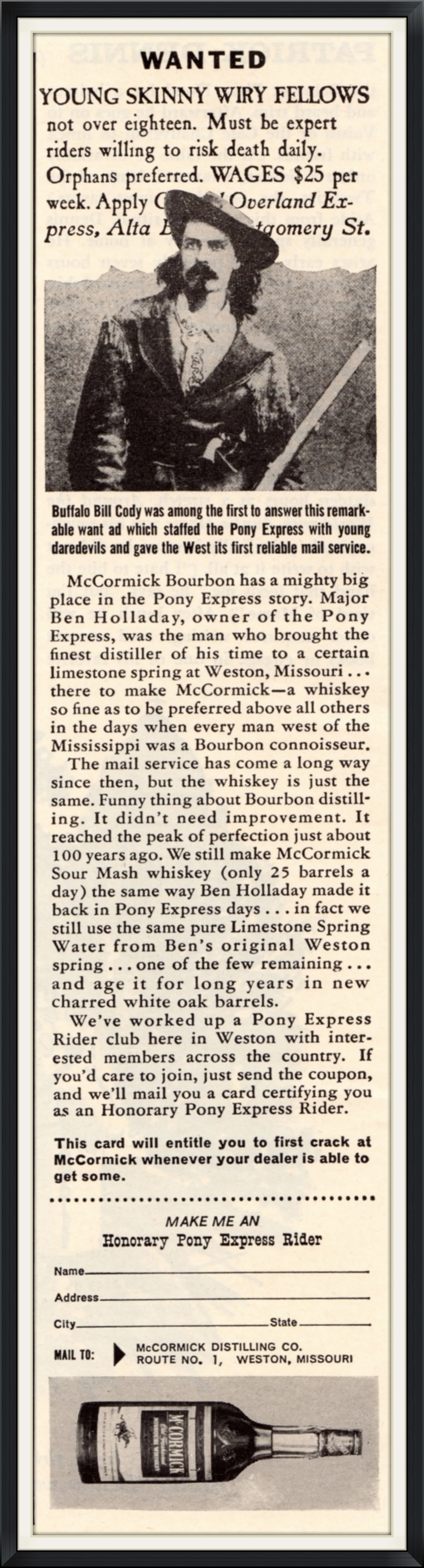 McCormick Bourbon Whiskey - Wanted Young Skinny Wiry Fellows - McCormick Distilling Co., Weston, Missouri - Endorsement, Advertisement Clipping