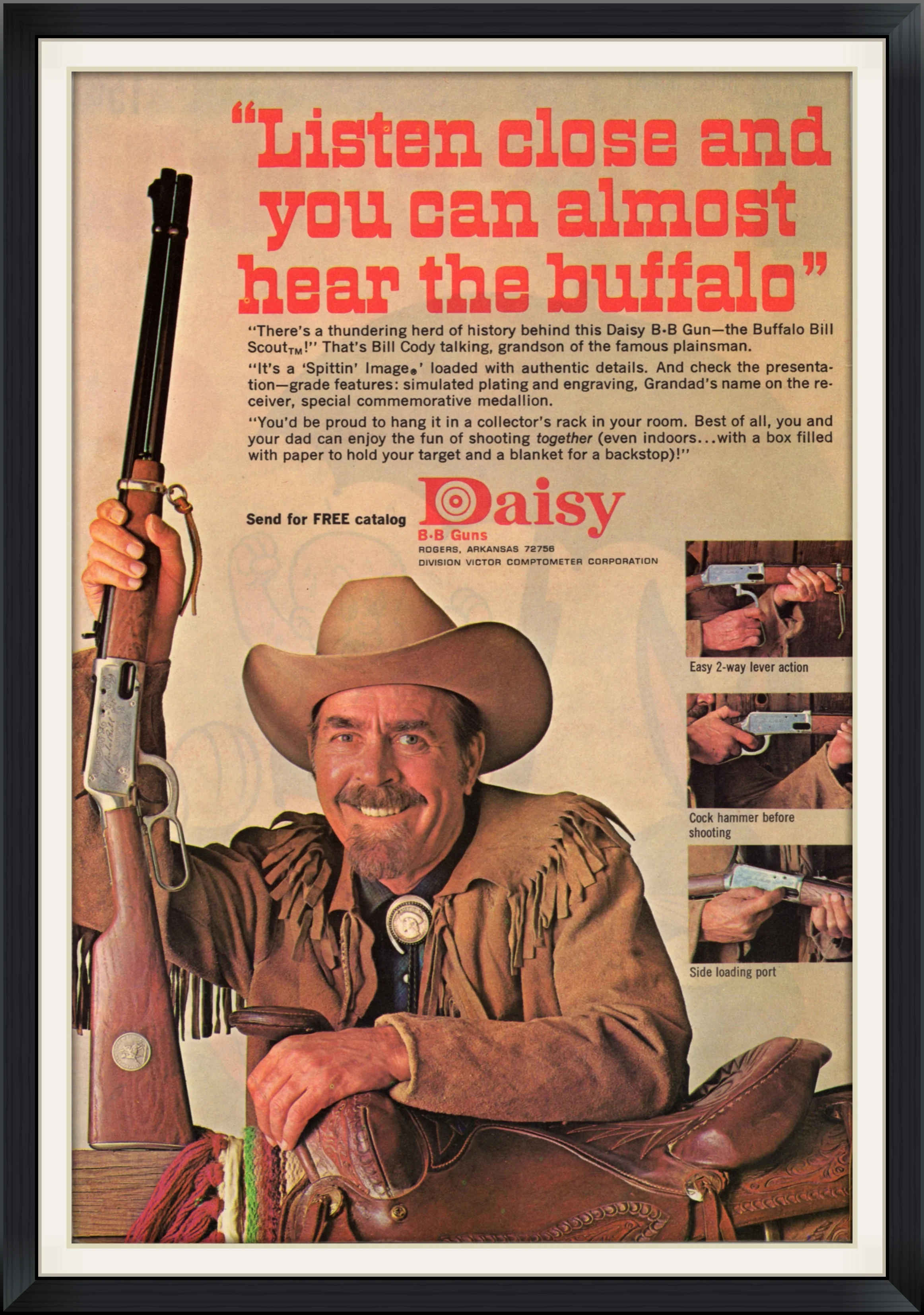 1970 - Buffalo Bill Scout, BB Carbine Gun, Rifle by Daisy - "Listen close and you can almost hear the buffalo" - Endorsement, Advertisement Clipping