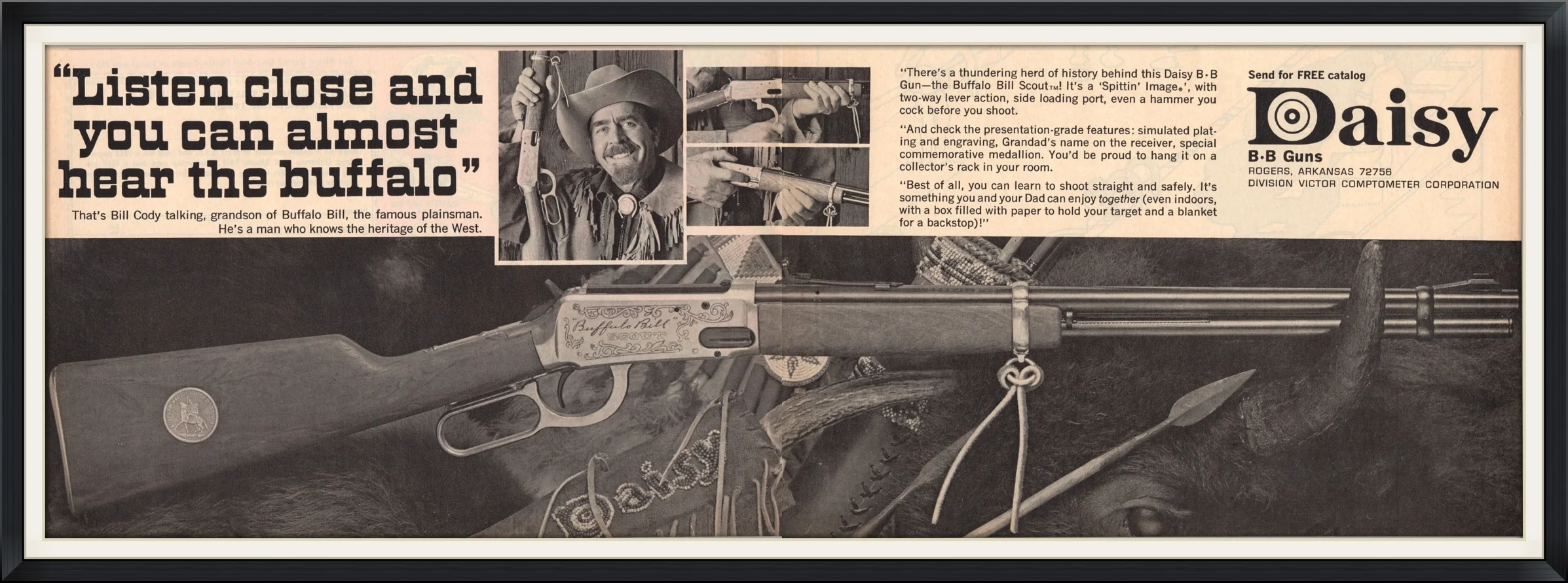 1970 - Buffalo Bill Scout, BB Carbine Gun, Rifle by Daisy - "Listen Close and you can almost hear the buffalo" - Endorsement, Advertisement Clipping