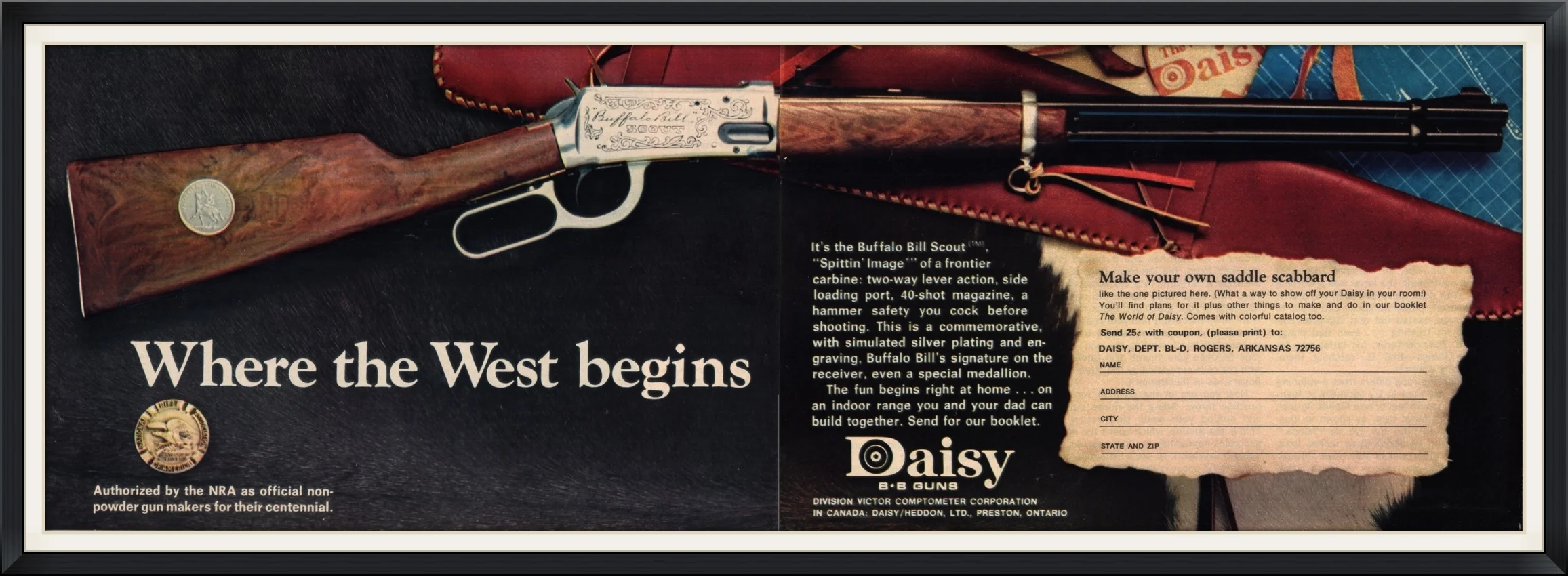 1970 - Buffalo Bill Scout, BB Carbine Gun, Rifle by Daisy - Where the West Begins - Endorsement, Advertisement