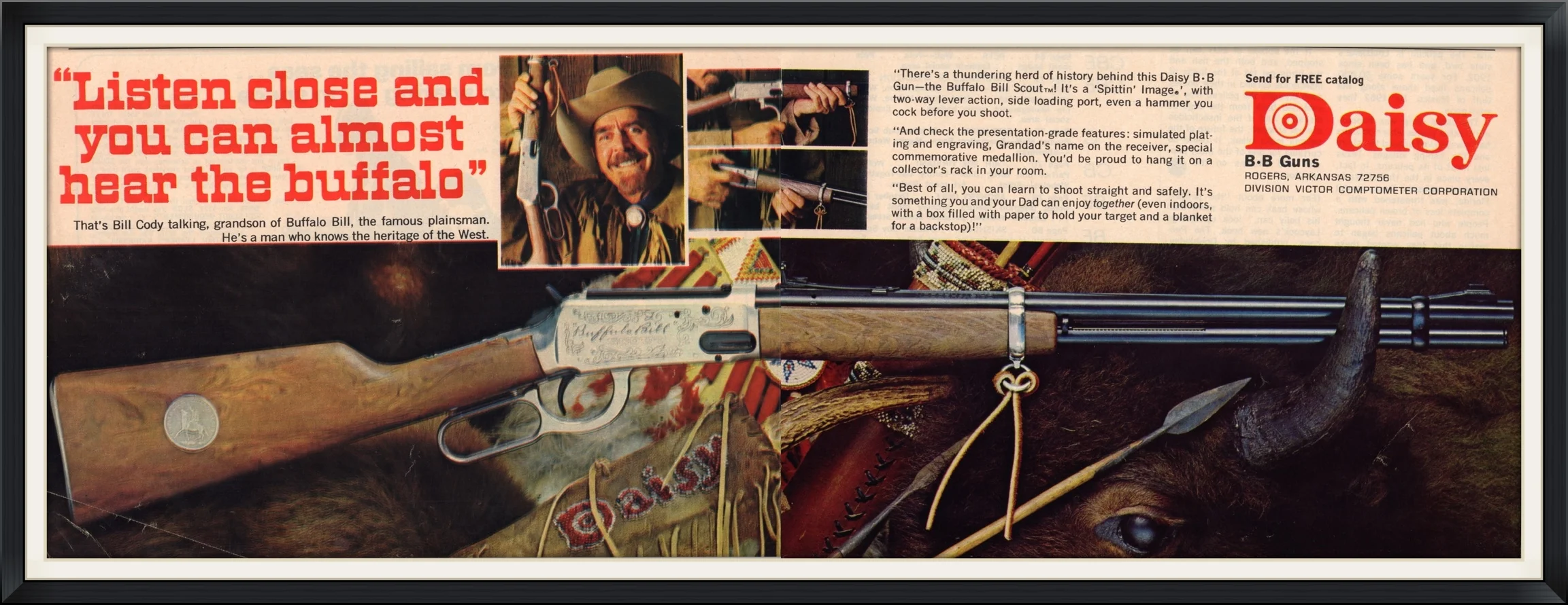 1970 - Buffalo Bill Scout, BB Carbine Gun, Rifle by Daisy - "Listen Close and you can almost hear the Buffalo" - Endorsement, Advertisement Clipping