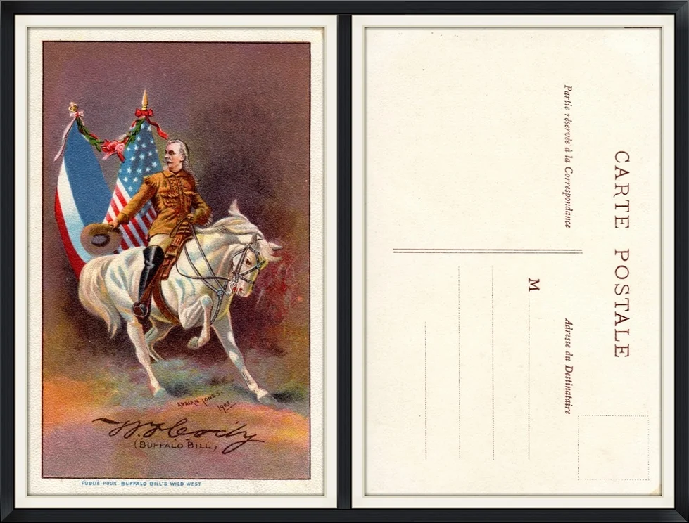 Printed Postcard of W.F. Cody (Buffalo Bill) on Isham in Buffalo Bill's Wild West. (1903 Painting by Adrian Jones). Written in French. Unused & Unpostmarked.