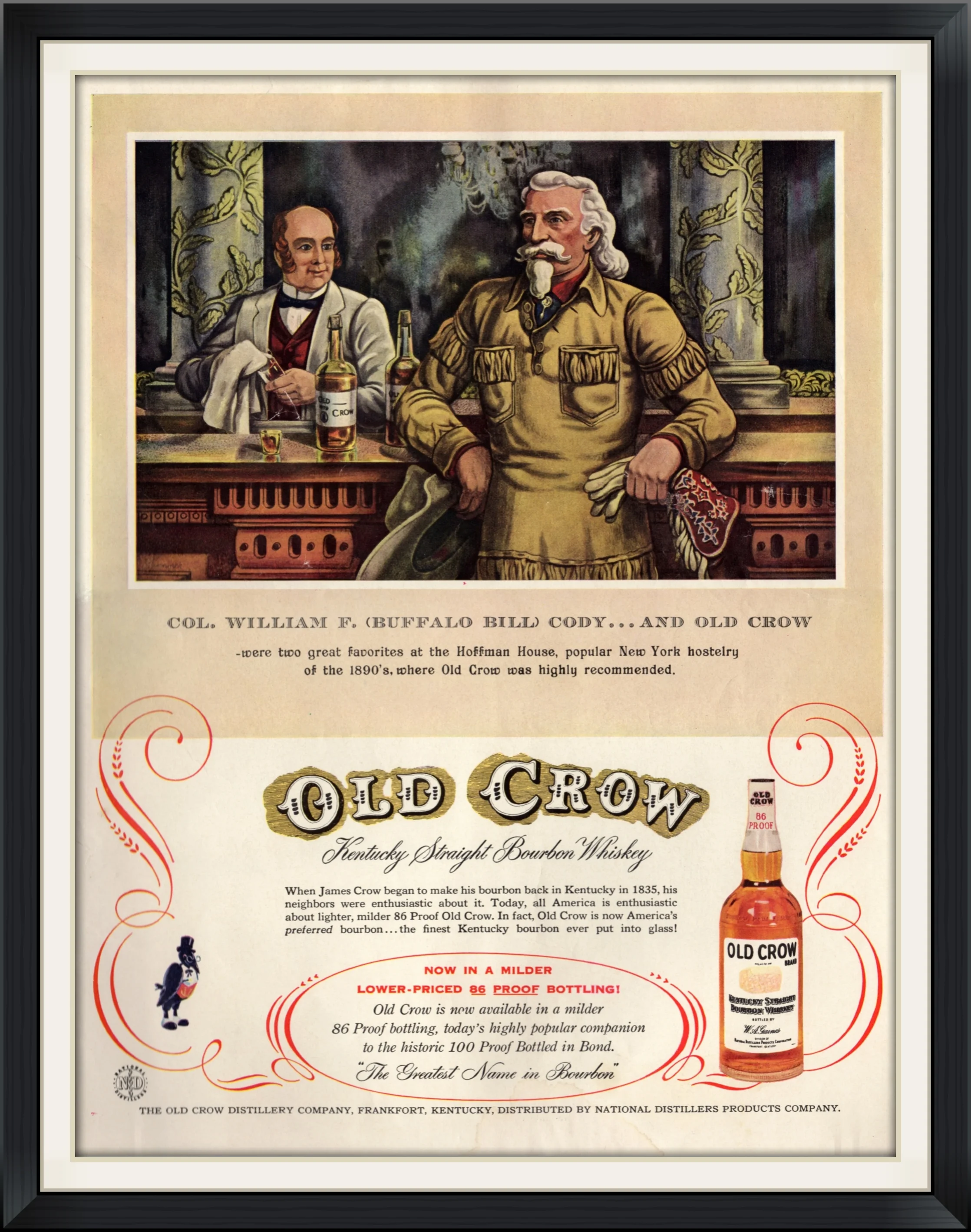 1957 - Col. William F. (Buffalo Bill) Cody - Old Crow Kentucky Straight Bourbon Whiskey - Endorsement, Advertisement Clipping