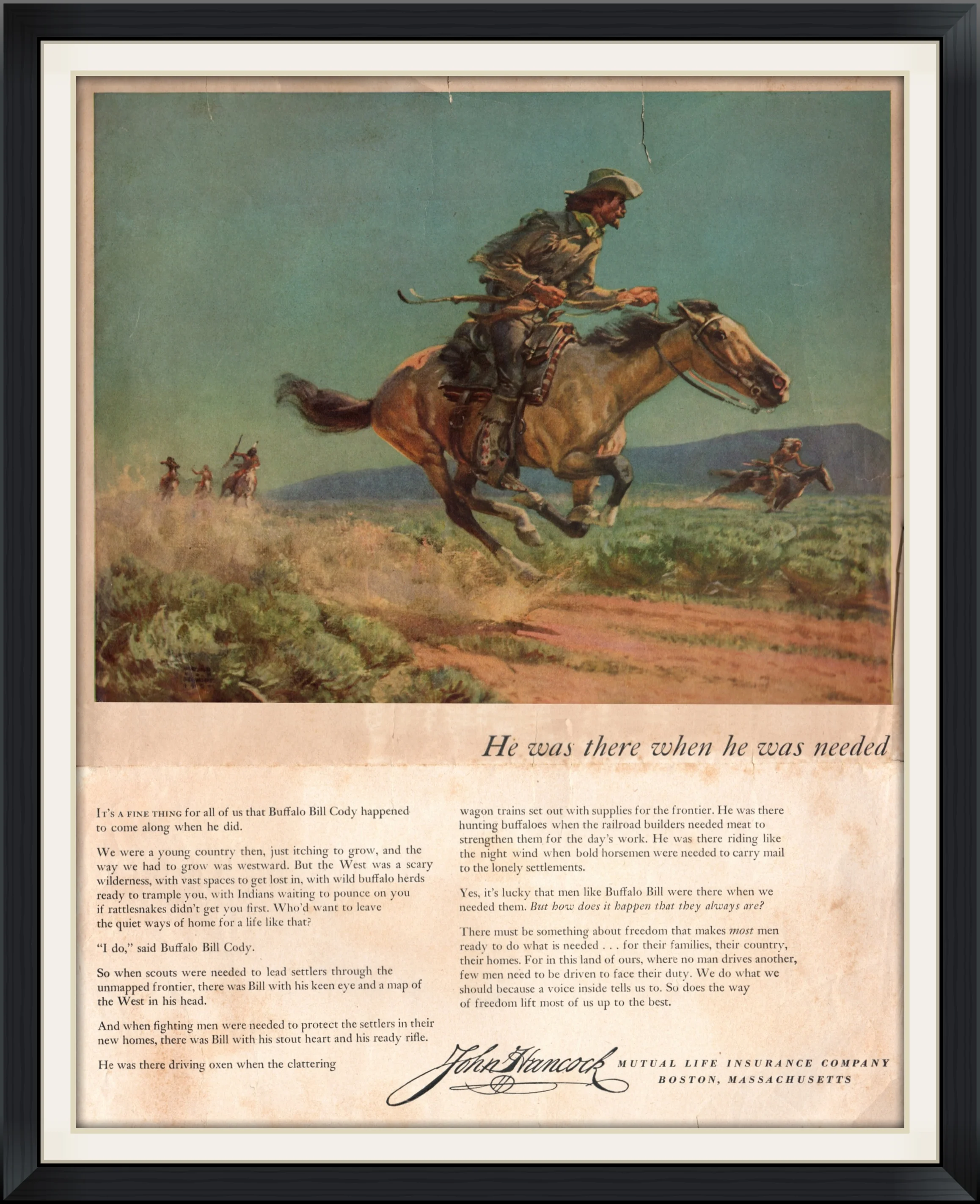 1951 - Buffalo Bill Cody - John Hancock Mutual Life Insurance Company, Boston, Massachusetts - He was there when he was needed - Endorsement, Advertisement Clipping
