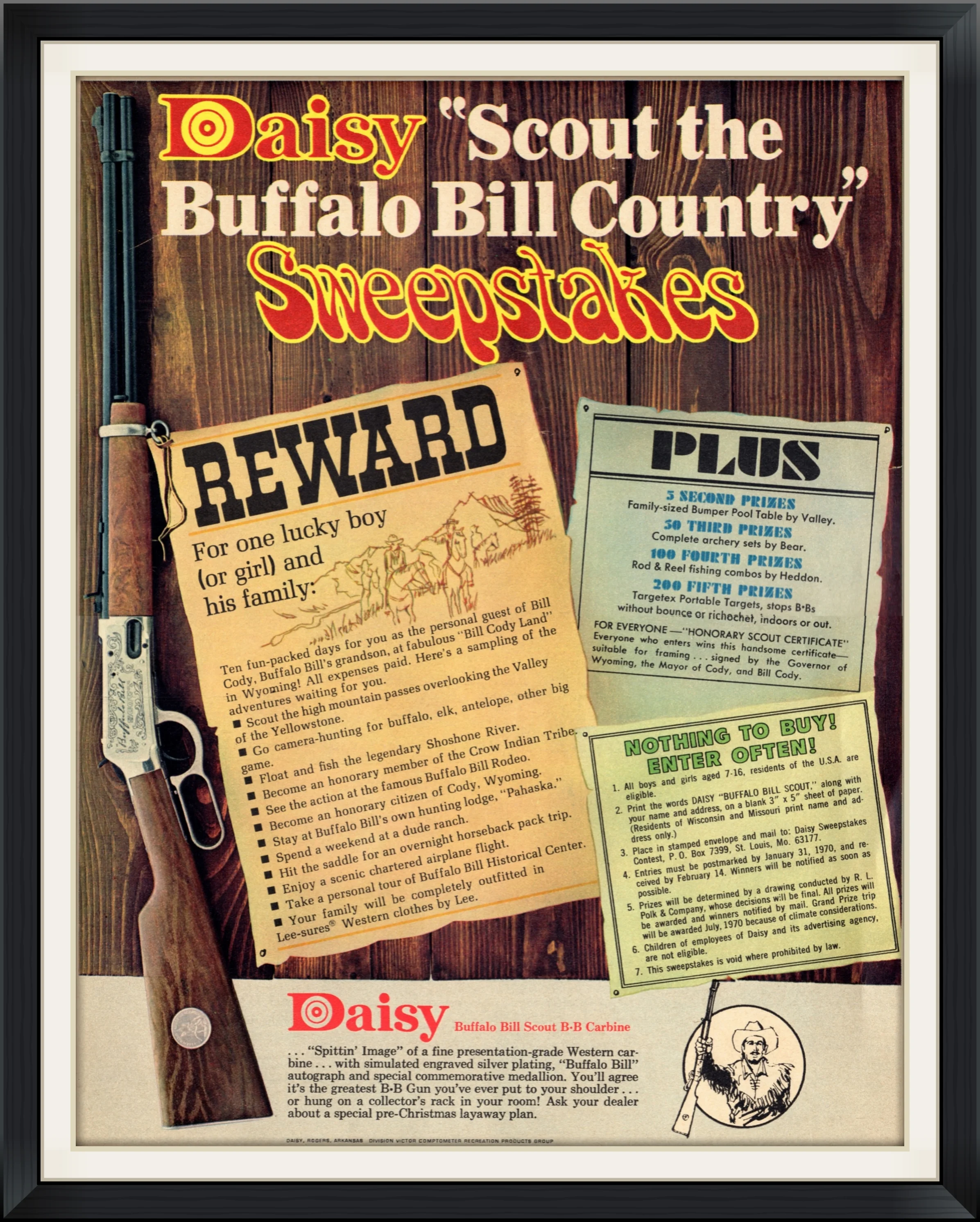 1969 - Daisy "Scout the Buffalo Bill Country" Sweepstakes - Buffalo Bill Scout, BB Carbine Gun, Rifle by Daisy - Endorsement, Advertisement Clipping