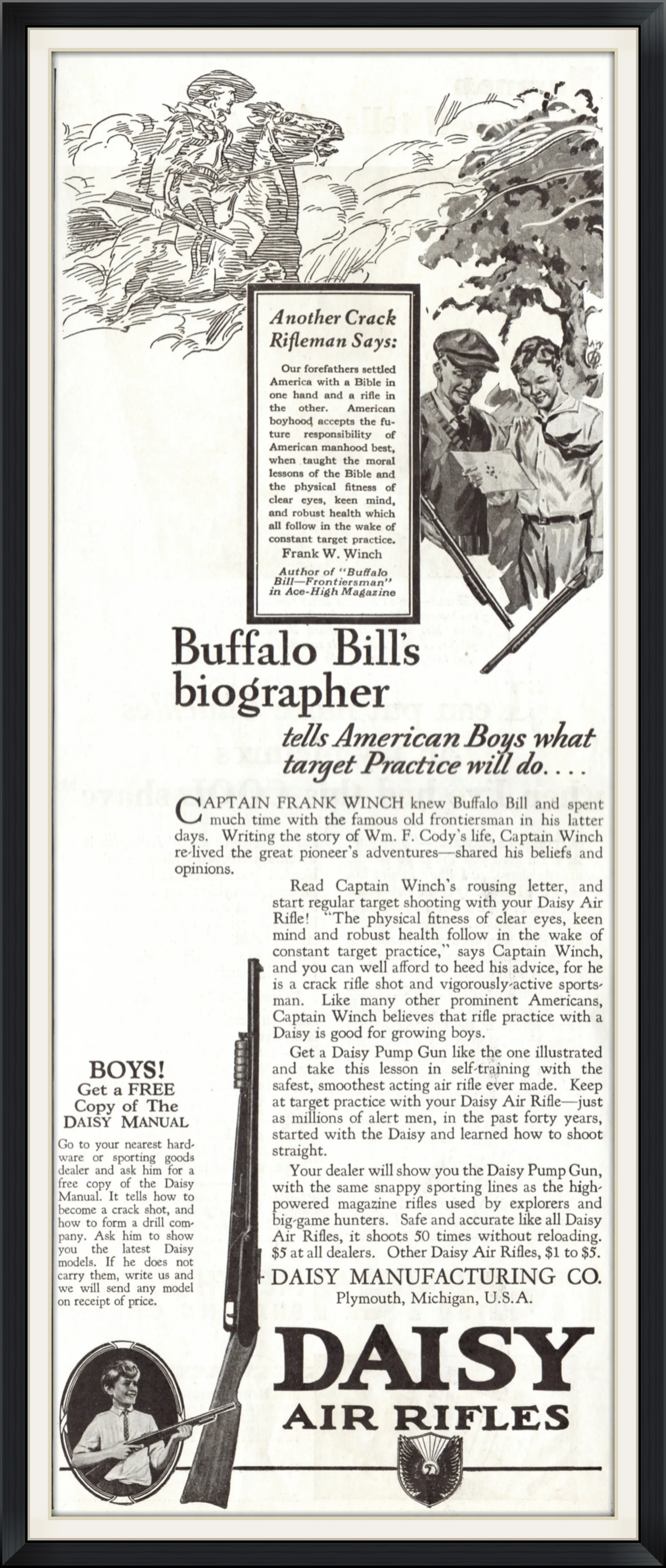 1929 - Daisy Air Rifles - Buffalo Bill's Biographer tells American Boys what target practice will do - Endorsement, Advertisement Clipping