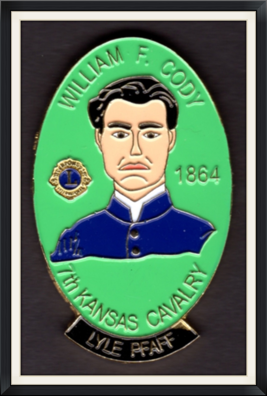 William F. Cody - Lions Clubs International - 1864 7th Kansas Cavalry - Made in China by Perfect - Metal, Double, Lapel Pin, Button Badge